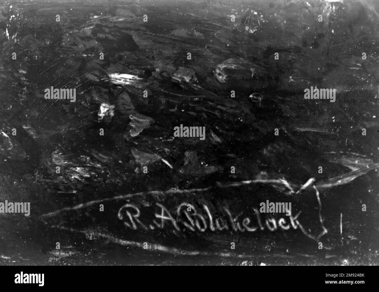 Mondschein Ralph Albert Blakelock (Amerikanisch, 1847-1919). Mondlicht, ca. 1885-1889. Öl auf Segeltuch, 27 1/16 x 32 Zoll (68,7 x 81,3 cm). Ralph Albert Blakelock hat 1869 und 1871 zahlreiche Touren durch den amerikanischen Westen unternommen und ihn dazu inspiriert, viele Jahre lang Indianer zu malen. Er war einer der ersten Maler, die von einer „dokumentarischen“ Behandlung indianischer Ureinwohner abbrachen und sich stattdessen dafür entschieden, sie in schwer lesbaren Gruppen in dunklen und stimmungsvollen Mondlichtern zu beschreiben. Dieser Ansatz markierte seine Landschaft sofort als amerikanisch, hinterließ aber die Geschichte der aktiven Fantasie seines verstorbenen Ni Stockfoto