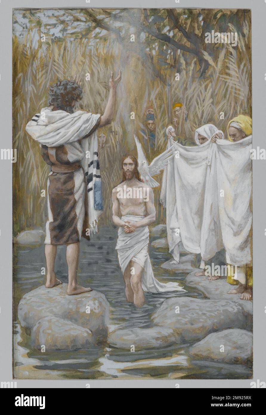 Die Taufe Jesu (Baptême de Jésus) James Tissot (Französisch, 1836-1902). Die Taufe Jesu (Baptême de Jésus), 1886-1894. Undurchsichtige Aquarelle über Graphit auf grauem gewebtem Papier, Bild: 8 1/2 x 5 1/2 Zoll (21,6 x 14 cm). Laut Matthew reist Jesus von Galiläa nach Judaea, um von Johannes dem Täufer im Jordan getauft zu werden. Obwohl John demütig protestiert und andeutet, dass er es ist, der stattdessen von Jesus getauft werden sollte, besteht Jesus darauf. Hier taucht eine Taube vom Himmel ab, wenn Jesus aus dem Wasser erwacht, während eine Stimme von oben ihn „Mein geliebter Sohn“ nennt. Vielleicht in Bezug auf das Ohr Stockfoto