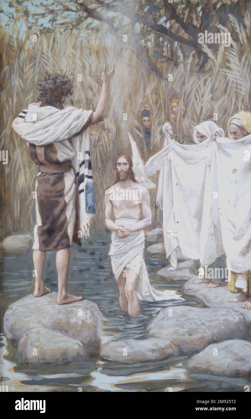 Die Taufe Jesu (Baptême de Jésus) James Tissot (Französisch, 1836-1902). Die Taufe Jesu (Baptême de Jésus), 1886-1894. Undurchsichtige Aquarelle über Graphit auf grauem gewebtem Papier, Bild: 8 1/2 x 5 1/2 Zoll (21,6 x 14 cm). Laut Matthew reist Jesus von Galiläa nach Judaea, um von Johannes dem Täufer im Jordan getauft zu werden. Obwohl John demütig protestiert und andeutet, dass er es ist, der stattdessen von Jesus getauft werden sollte, besteht Jesus darauf. Hier taucht eine Taube vom Himmel ab, wenn Jesus aus dem Wasser erwacht, während eine Stimme von oben ihn „Mein geliebter Sohn“ nennt. Vielleicht in Bezug auf das Ohr Stockfoto