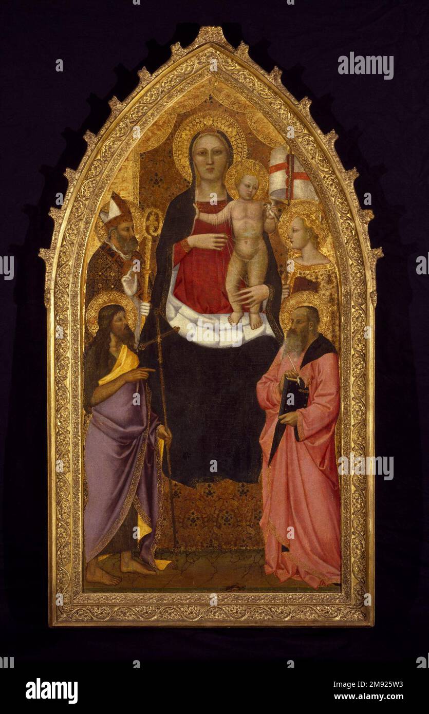 Madonna und Kind fasziniert von den Heiligen Zenobius, Johannes dem Täufer, Reparata und Johannes dem Evangelisten Nardo di Cione (Italienisch, Florentiner, aktiv 1343-1356/1366). Madonna und Kind in Begeisterung mit den Heiligen Zenobius, Johannes dem Täufer, Reparata und Johannes dem Evangelisten, Mitte des 14. Jahrhunderts. Tafel mit Tempera- und Gold-Werkzeug, 77 1/2 x 39 1/2 Zoll (196,9 x 100,3 cm). Im Jahr 1348 tötete die Beulenpest mehr als die Hälfte der Bevölkerung von Florenz und verursachte tiefgreifende soziale, wirtschaftliche und psychische Zerstörung. Nach der Pest malte Nardo di Cione dieses große Altarbild, wahrscheinlich für den Dom, am meisten Stockfoto