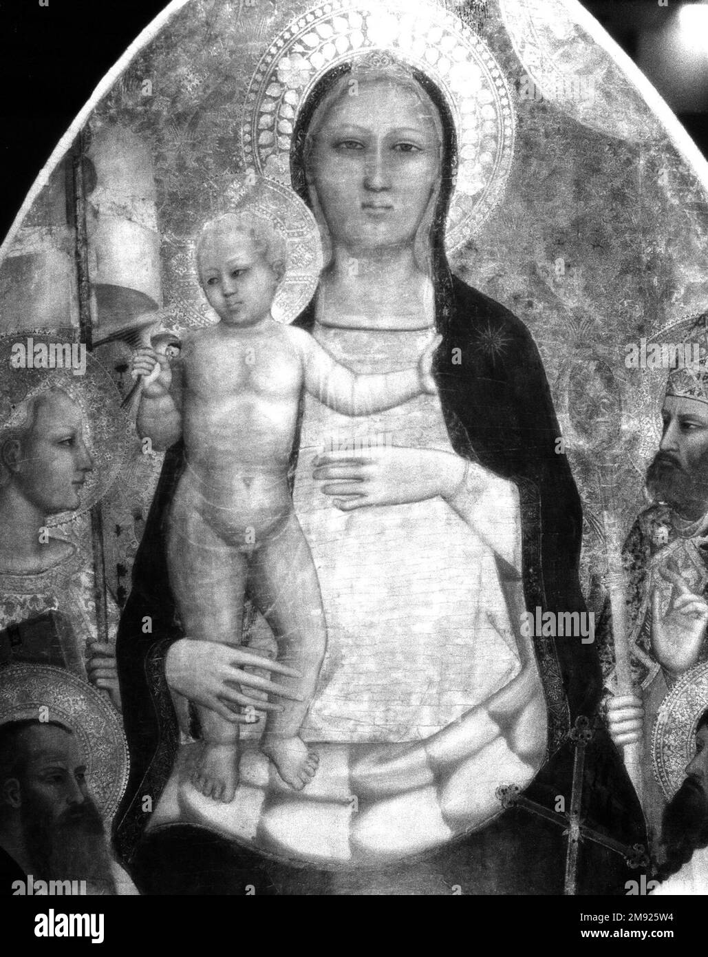 Madonna und Kind fasziniert von den Heiligen Zenobius, Johannes dem Täufer, Reparata und Johannes dem Evangelisten Nardo di Cione (Italienisch, Florentiner, aktiv 1343-1356/1366). Madonna und Kind in Begeisterung mit den Heiligen Zenobius, Johannes dem Täufer, Reparata und Johannes dem Evangelisten, Mitte des 14. Jahrhunderts. Tafel mit Tempera- und Gold-Werkzeug, 77 1/2 x 39 1/2 Zoll (196,9 x 100,3 cm). Im Jahr 1348 tötete die Beulenpest mehr als die Hälfte der Bevölkerung von Florenz und verursachte tiefgreifende soziale, wirtschaftliche und psychische Zerstörung. Nach der Pest malte Nardo di Cione dieses große Altarbild, wahrscheinlich für den Dom, am meisten Stockfoto