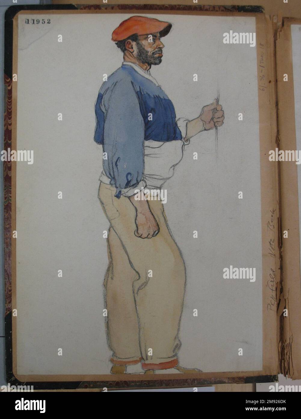 Skizze eines spanischen Mannes Edward Penfield (amerikanisch, 1866-1925). Skizze eines Spaniers, 1906. Aquarell und Graphit auf mittelschwerem, cremefarbenem, mäßig strukturiertem gewebtem Papier, Bogen: 11 1/2 x 7 3/4 cm (29,2 x 19,7 cm). In diesen beiden Werken verwendete Edward Penfield kontrollierte Graphitumrisse und wässrige Waschungen, um die zerfetzten Kleidungsstücke und schmuddeligen Gesichter der Arbeiter, die er während einer Reise durch Spanien im Jahr 1906 begegnete, zu detaillieren. Der offene Realismus seiner Herangehensweise verleiht seinen Bildern eine dokumentarische Authentizität; tatsächlich waren es wahrscheinlich Studien für seine illustrierten spanischen Reiseführer-Skizzen (1911 Stockfoto