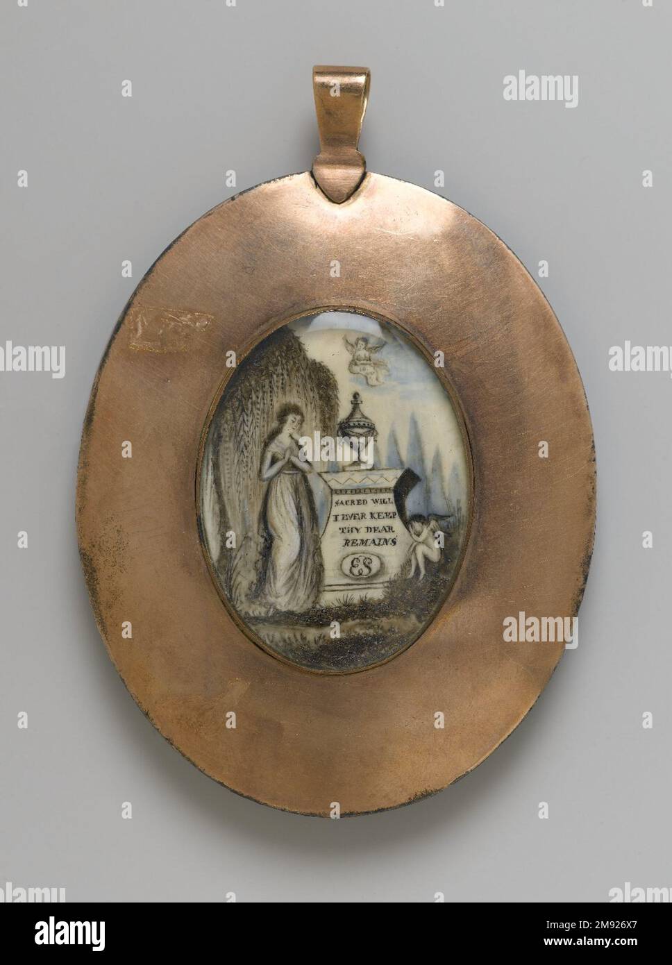 Porträt eines Gentleman/trauernde Miniatur Unbekannt. Porträt eines Gentleman/trauernden Miniaturmanns, Ende des 18. Jahrhunderts. Aquarell auf Elfenbein mit Menschenhaar in Metallmedaillon mit Glaslinsen, Recto (Sight): 2 15/16 x 2 3/8 cm (7,5 x 6 cm). Miniaturen, die nach dem Tod eines geliebten Menschen in Auftrag gegeben wurden, verkörpern die sentimentale Natur dieser Objekte. In diesem doppelseitigen Medaillon dient das fein gerenderte Porträt des Verstorbenen als Andenken an den Babysitter, während die Trauerszene auf der Rückseite sein Leben erinnert. Trauernde Miniaturen kombinieren typischerweise die Stock-Ikonographie – ein Hinterbliebener Stockfoto