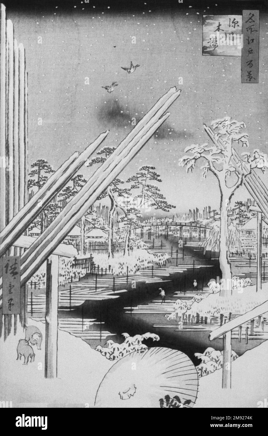 Fukagawa Lumberyards, No. 106 von 100 berühmten Ausblicken auf Edo Utagawa Hiroshige (Ando) (Japanisch, 1797-1858). Fukagawa Lumberyards, Nr. 106 aus 100 berühmten Ausblicken auf Edo, 8. Monat 1856. Holzblockdruck, Blatt: 14 3/16 x 9 1/4 cm (36 x 23,5 cm). Die Fukagawa-Holzhölzer, die einen Teil des riesigen Vorrats an Holz darstellen, den die größte Holzstadt der Welt benötigt, waren von großer wirtschaftlicher Bedeutung. Anfang Edo wurde das Holz näher am Stadtzentrum gelagert. Nach einem Brand im Jahr 1641, der nicht nur Häuser zerstörte, sondern auch das Holz, das für den Wiederaufbau benötigt wurde, die Regierung Stockfoto