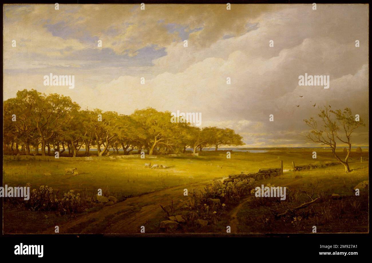 Old Orchard in Newport William Trost Richards (amerikanisch, 1833-1905). Old Orchard in Newport, 1875. Öl auf Segeltuch, 25 x 40in. (63,5 x 101,6cm). Viele Amerikaner aus der hundertjährigen Ära interessierten sich für die Kolonialzeit, die aus der Entfernung von 100 Jahren als authentische historische Vergangenheit zu gelten schien. Der Maler William Trost Richards, der dieses Gemälde eines alten Apfelgartens an der Küste von Newport, Rhode Island, anfertigte, sagte zu einem Freund: „Es war ein vernachlässigter Ort. [Und] Es gab Hinweise auf das frühe Leben, die Kämpfe und den Tod derer, die das Holz geräumt hatten, Stockfoto