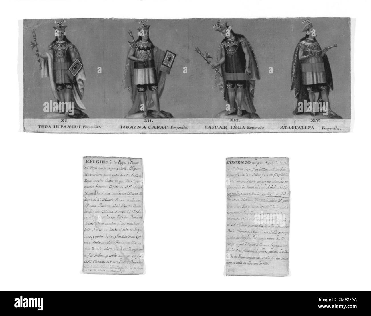 Vier Inka-Könige: Tupac Yupanqui, Huayna Capac, Huascar Inca, Atahuallpa Unbekannt. Vier Inka-Könige: Tupac Yupanqui, Huayna Capac, Huascar Inca, Atahuallpa, Anfang des 19. Jahrhunderts. Öl auf Segeltuch, 7 3/4 x 22 3/4 Zoll (19,7 x 57,8 cm). Dieses Fragment einer Inka-König-Porträtreihe wurde von der Guarachi-Familie in Auftrag gegeben, einer der bekanntesten indigenen Familien von Vikeregal Peru. Die Ausstellung von Gemälden der Inka-Herrscher im Inka wurde in der Vizekönigschaft zwischen 1781 und 1821 verboten, nach einer Reihe einheimischer Revolten. Nach 1824 erlangten die Porträts eine neue Bedeutung für die Zeit nach der Unabhängigkeit Stockfoto