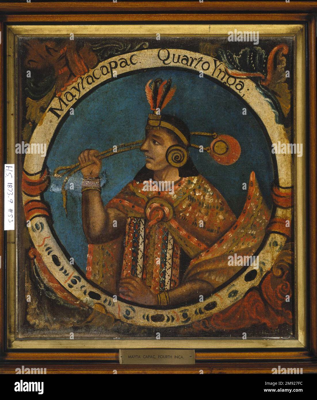 Mayta Capac, vierte Inka, 1 von 14 Porträts von Inka Kings Unknown. Mayta Capac, vierte Inka, 1 von 14 Porträts von Inka-Königen, Mitte des 18. Jahrhunderts (wahrscheinlich). Öl auf Segeltuch, 23 1/2 x 21 1/2in. (59,7 x 54,6cm). Der blaue Hintergrund dieser zwölf Porträts von Inka-Königen hätte mit einer Vielzahl von Pigmenten hergestellt werden können, die in der Viceroyalty von Peru im 18. Jahrhundert verfügbar waren: Preußischblau aus Deutschland, Indigo aus Amerika und Salt, Aus Europa importiert. In der Viceroyalty von Peru war die Wahl eines blauen Hintergrunds für diese Porträts strategisch, was die Motive aufhebt Stockfoto