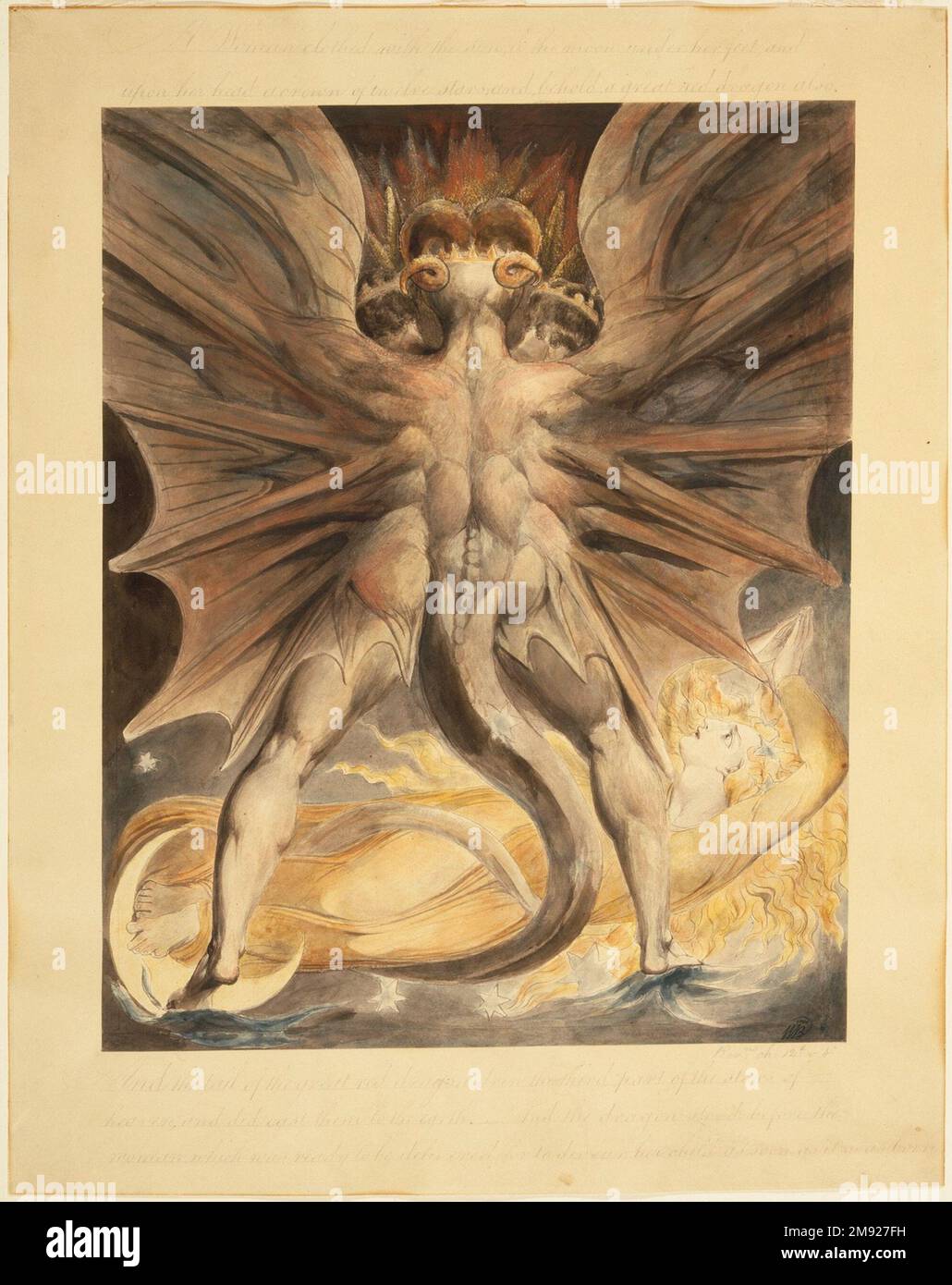 Der große Rote Drache und die mit der Sonne bekleidete Frau (Rev. 12: 1-4) William Blake (britisch, 1757-1827). Der große Rote Drache und die mit der Sonne bekleidete Frau (Rev. 12: 1-4), ca. 1803-1805. Schwarze Tinte und Aquarell über Graphitspuren und Schnittlinien auf gewebtem Papier, Bild: 17 3/16 x 13 11/16 Zoll (43,7 x 34,8 cm). Nach der Französischen Revolution zogen Künstler wie der Druckmacher, Maler und Dichter William Blake Themen aus dem biblischen Buch der Offenbarung, um über den Tumult ihrer Ära nachzudenken. Diese Aquarelle bezieht sich auf das Aussehen eines „großen Wunders im Himmel, einer Frauenkleide Stockfoto