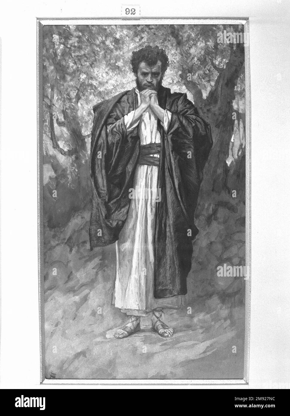 St. Matthew (St. Mathieu) James Tissot (Französisch, 1836-1902). St. Matthew (St. Mathieu), 1886-1894. Undurchsichtige Aquarelle über Graphit auf grauem gewebtem Papier, Bild: 11 1/16 x 6 3/16 Zoll (28,1 x 15,7 cm). Für seine Erzählung über das Leben Christi schuf Tissot eine „Harmonie“ der Evangelien, indem es die separaten Berichte über das Leben Jesu, die den Aposteln Matthew, Mark, Luke und John zugeschrieben wurden, zusammenführte. Diese vier Texte des Neuen Testaments unterscheiden sich in theologischer Betonung und Ton. Eine Harmonie, eine literarische Form, die auf den christlichen Schriftsteller Tatian aus dem 2. Jahrhundert zurückgeführt wird, versucht, die Unterschiede A zu versöhnen Stockfoto