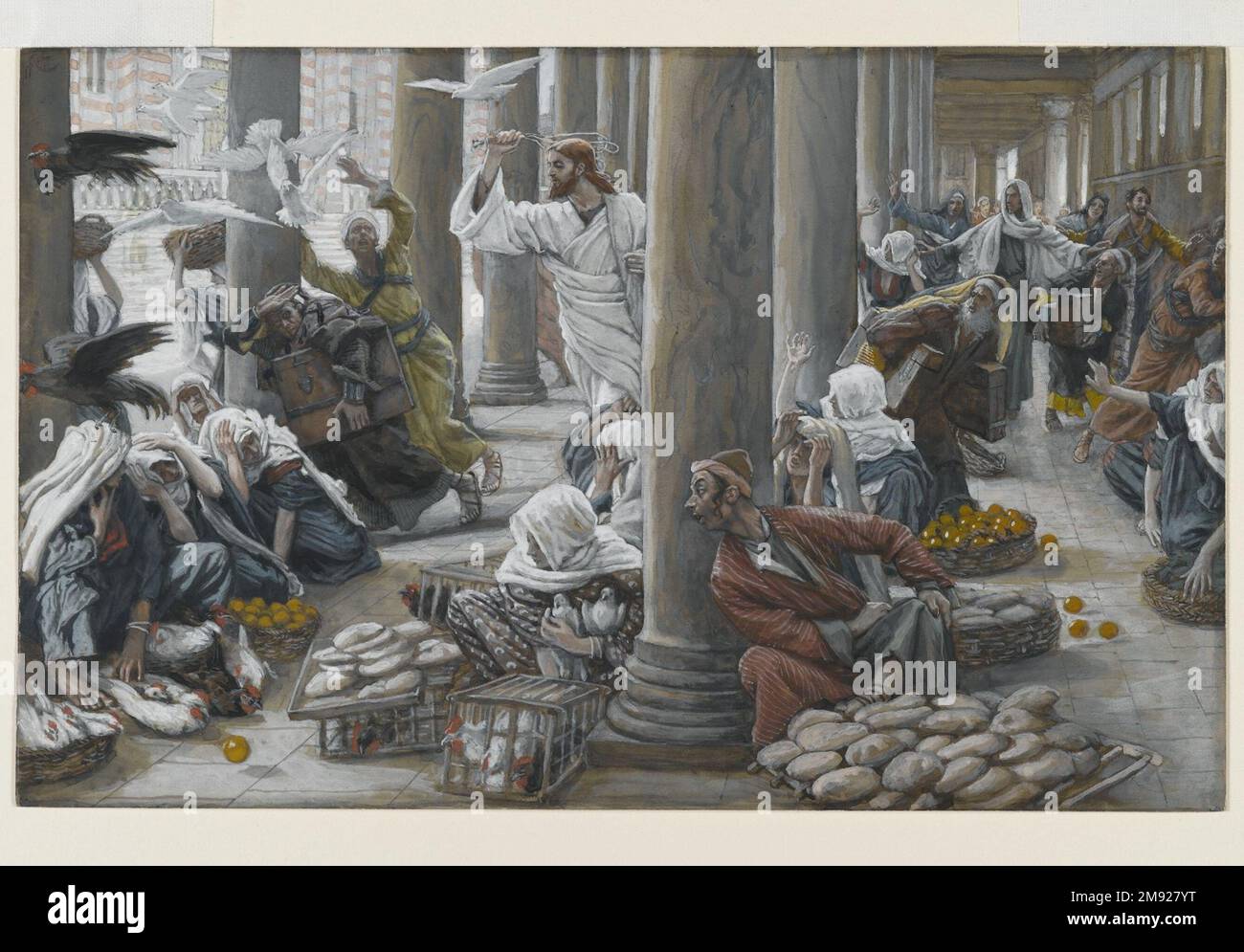 Die Händler jagten aus dem Tempel (Les vendeurs chassés du Temple) James Tissot (Französisch, 1836-1902). Die Händler jagten vom Tempel (Les vendeurs chassés du Temple), 1886-1894. Undurchsichtige Aquarelle über Graphit auf grauem gewebtem Papier, Bild: 7 5/16 x 11 9/16 Zoll (18,6 x 29,4 cm). Jesus treibt die Händler aus dem Tempel, unter ihnen Geldwechsler und diejenigen, die Tiere für Opfer und Nahrung für Gläubige verkaufen. Er verstreut ihre Waren – in einem dramatischen Flut von Taubenflügeln – während er eine Peitsche aus seinem eigenen Gürtel schwingt, schreibt Tissot in seinem Text. (Dieses letzte Detail stammt von Stockfoto