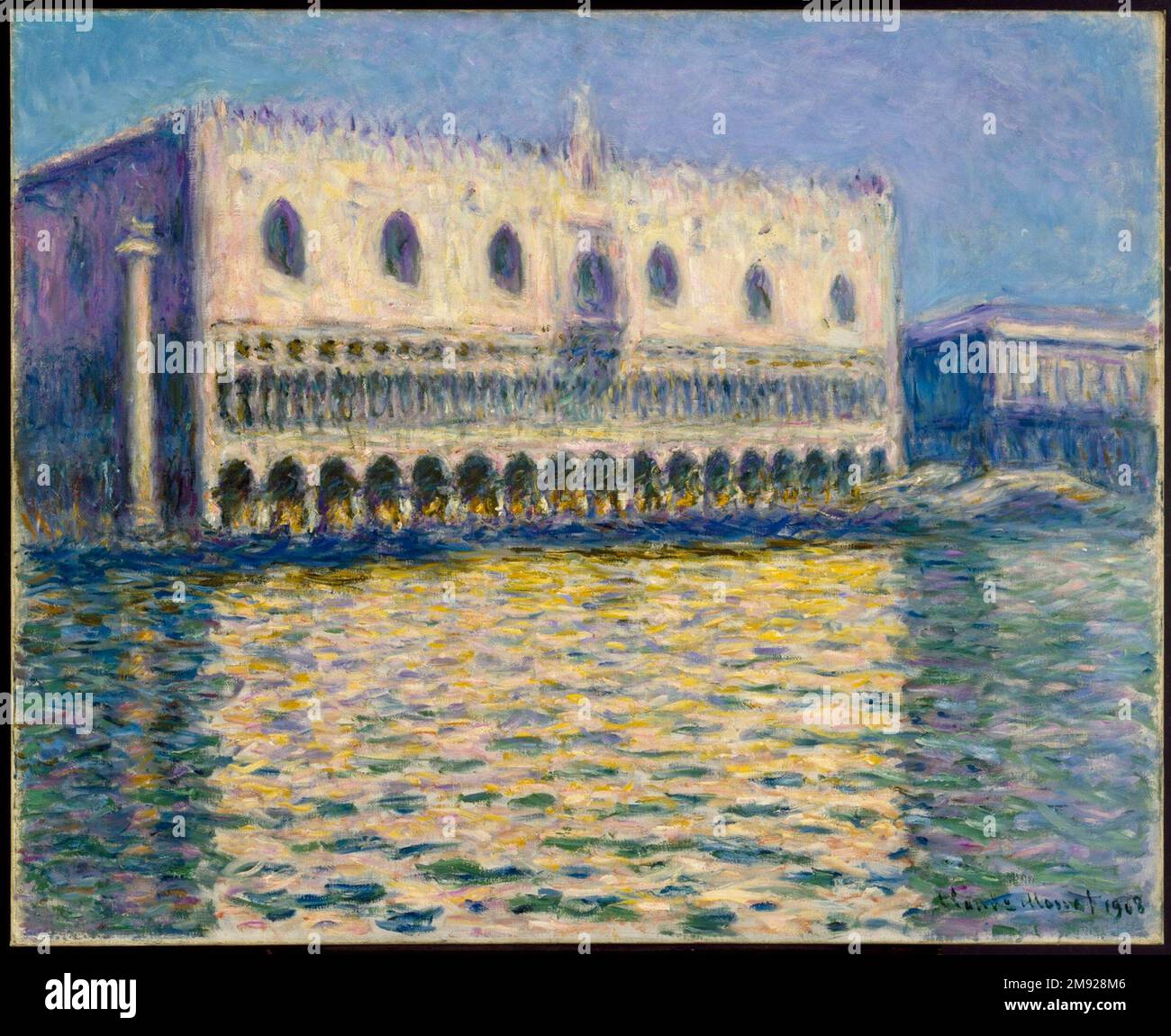 Dogenpalast (Le Palais Ducal) Claude Monet (Französisch, 1840-1926). Dogenpalast (Le Palais Ducal), 1908. Öl auf Segeltuch, 32 x 39 Zoll (81,3 x 99,1 cm). Während seiner einzigen Reise nach Venedig im Jahr 1908 malte Claude Monet diesen Blick auf die Fassade des Dogenpalastes von einer Gondel im Canale Grande aus. Die Stadt wurde lange in der öffentlichen Fantasie romantisiert und war kürzlich durch neue Eisenbahnen und Reiseführer zugänglicher geworden. Als Tourist konzentrierte sich Monet auf Wahrzeichen wie den Dogenpalast, das Regierungsgebäude, das im 14. Jahrhundert im Stil der Architektur Venedigs entworfen wurde Stockfoto