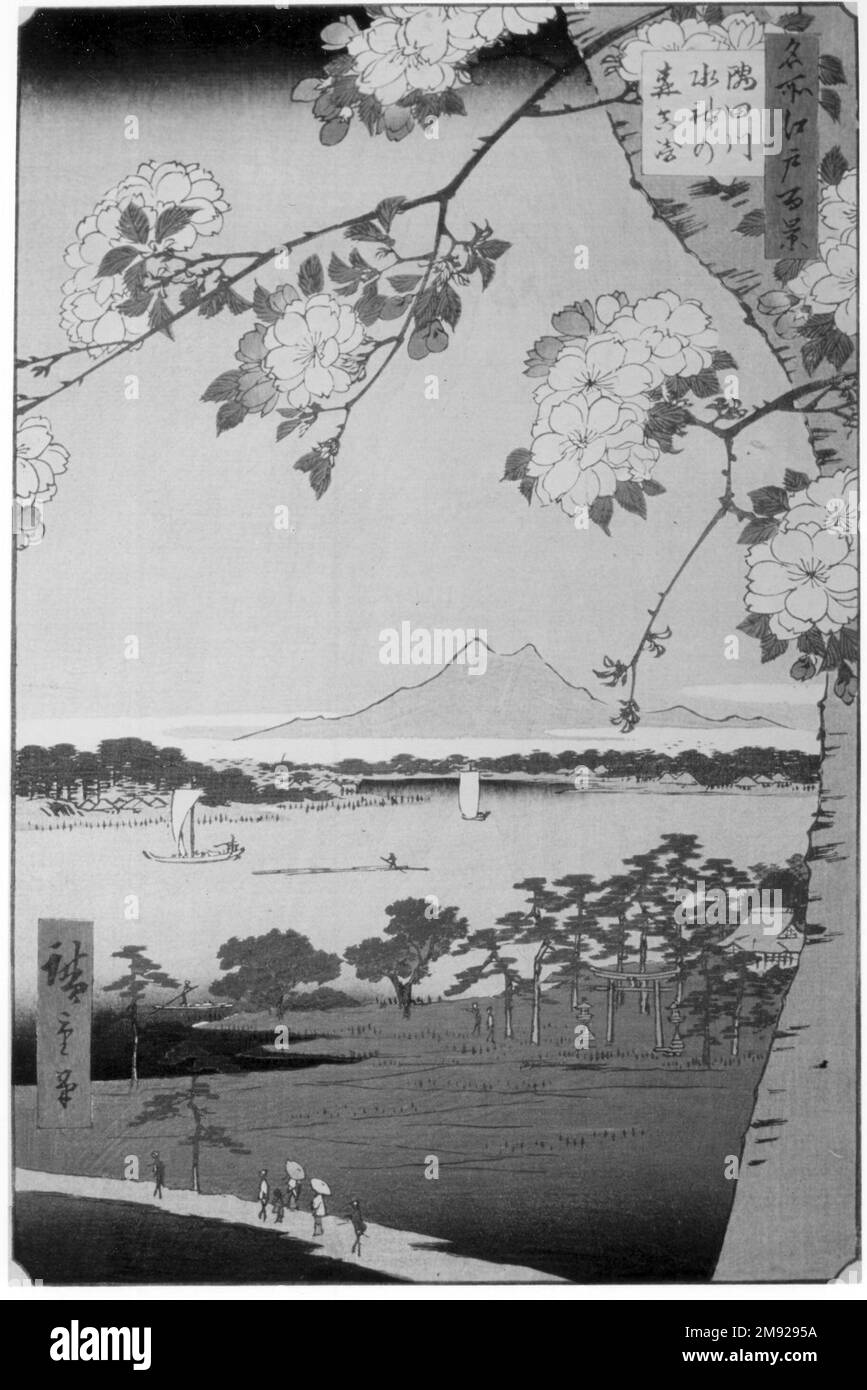 Suijin-Schrein und Massaki auf dem Sumida-Fluss (Sumidagawa Suijin no Mori Massaki), Nr. 35 von 100 berühmten Ausblicken auf Edo Utagawa Hiroshige (Ando) (Japanisch, 1797-1858). Suijin-Schrein und Massaki auf dem Sumida-Fluss (Sumidagawa Suijin no Mori Massaki), Nr. 35 aus hundert berühmten Ausblicken auf Edo, 8. Monat 1856. Holzblockdruck, Blatt: 14 3/16 x 9 1/4 cm (36 x 23,5 cm). Der hier abgebildete Ort soll die ursprüngliche Mündung des Sumida, Edos wichtigsten Flusses, gewesen sein, und der Schrein rechts unten, gegenüber dem Fluss von der Massaki-Gegend, ist dem Fluss selbst gewidmet. Nein. Nein Stockfoto