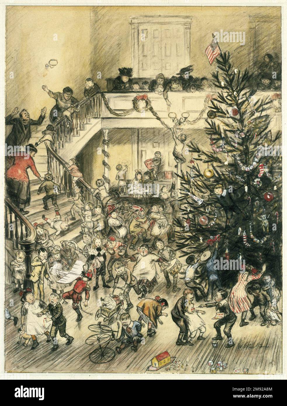 Frohe Weihnachten (Yuletide Revels) William Glackens (Amerikanisch, 1870-1938). Frohe Weihnachten (Yuletide Revels), ca. 1910. Graphit, Conté-Buntstift, Tinte und transparentes und lichtundurchlässiges Aquarell auf Verbundplatten, die auf Holzpappe haften, Blatt: 24 3/8 x 18 1/2 Zoll (61,9 x 47 cm). Voller lustiger Vignetten präsentiert dieses Werk William Glackens auf dem Höhepunkt seiner Kräfte als Zeichner und Geschichtenerzähler. In einem großen, zu Weihnachten dekorierten Raum spielen viele Kinder mit ihrem neuen Spielzeug – oft mit schmerzhaften Folgen –, während einige Erwachsene vergeblich versuchen, das Chaos zu kontrollieren. Glackens Figuren Stockfoto