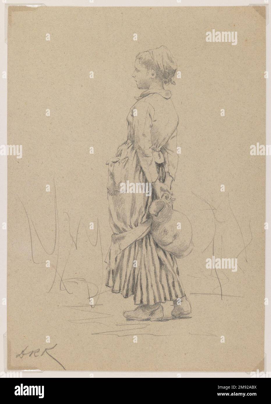 Bauer mit Wasserkrug: Studie für "The well" Daniel Ridgway Knight (amerikanisch, 1839-1924). Bauer mit Wasserkrug: Studie für 'The well', ca. 1880. Graphit auf braunem, mittelschwerem, leicht strukturiertem gewebtem Papier, Blatt: 10 1/8 x 7 1/8 cm (25,7 x 18,1 cm). Daniel Ridgway Knight schuf diese sorgfältig ausgeführte Zeichnung, um die Pose eines Bauernmädchens und die Details des Kostüms für sein Gemälde des Brunnens zu etablieren (siehe Abbildung). Das geschwungene Schaukeln ihres Körpers, während sie eine Kanne hinter ihrem Rücken hält, vermittelt eine schüchterne Haltung. Knight war das Ergebnis einer strengen akademischen Ausbildung Stockfoto