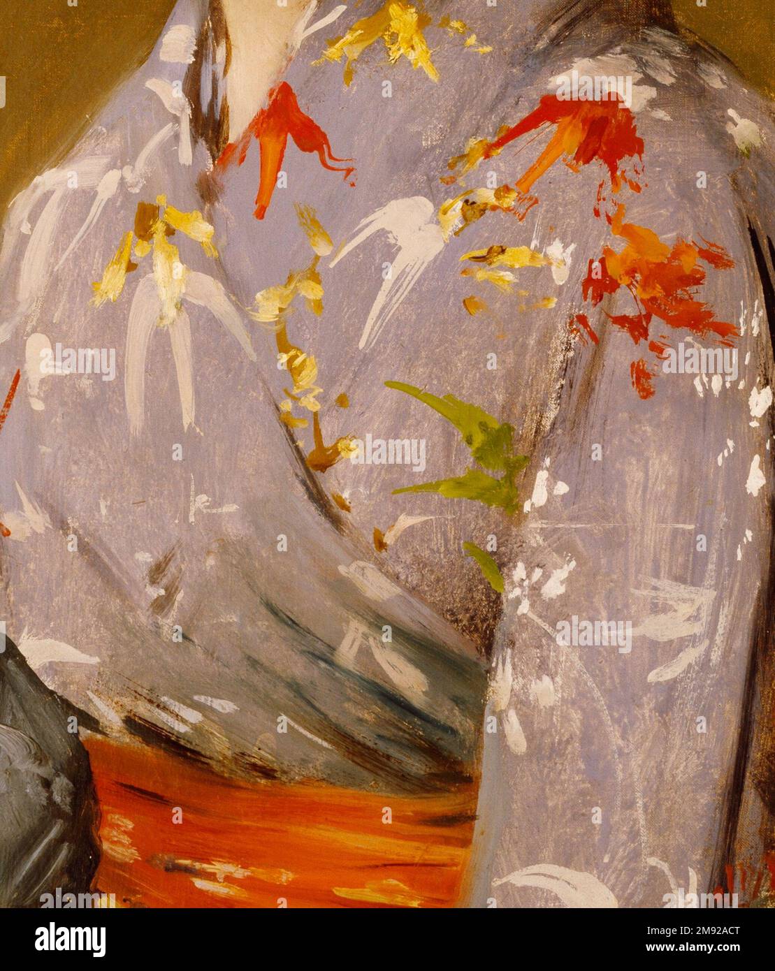 Mädchen in einem japanischen Kostüm William Merritt Chase (amerikanisch, 1849-1916). Mädchen in einem japanischen Kostüm, Kalifornien. 1890. Öl auf Leinwand, 24 5/8 x 15 11/16 Zoll (62,5 x 39,8 cm). Japanische Textilien, Kimonos, Schwerter, inros (kleine Kästen, die an der Schüssel von Kimonos hangen) und Keramik waren in den künstlerischen amerikanischen Innenräumen der 1890er Jahre de rigueur, was dem wachsenden Interesse der Amerikaner an japanischer Kunst und Ästhetik entsprach. Mit einer Fülle asiatischer Textilien und ausländischer Kostüme in seinem Studio war William Merritt Chase bereit, auf die wachsende Beliebtheit japanischer Kostümthemen unter seinen amerikanischen an zu reagieren Stockfoto