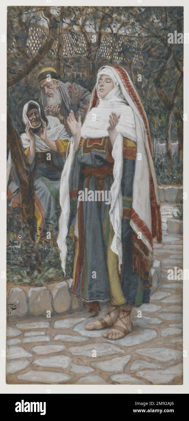 The Magnificat (Le magnificat) James Tissot (Französisch, 1836-1902). The Magnificat (Le magnificat), 1886-1894. Undurchsichtige Aquarelle über Graphit auf grauem gewebtem Papier, Bild: 9 15/16 x 4 5/8 Zoll (25,2 x 11,7 cm). Mit dieser Szene erforscht Tissot weiter Marys Rolle im „göttlichen Plan“, wie der Künstler die biblische Erzählung nannte. Maria betet oder „singt“ ihr Lob Gottes dafür, dass sie eine Rolle bei der Erlösung der Menschheit gespielt hat. Während die Verkündigung die bescheidene Position und Bescheidenheit der Jungfrau unterstrich, steht sie hier mit erhobenen Händen und Köpfen zum Himmel, während sie sagt, wie Tissot es beschreibt Stockfoto