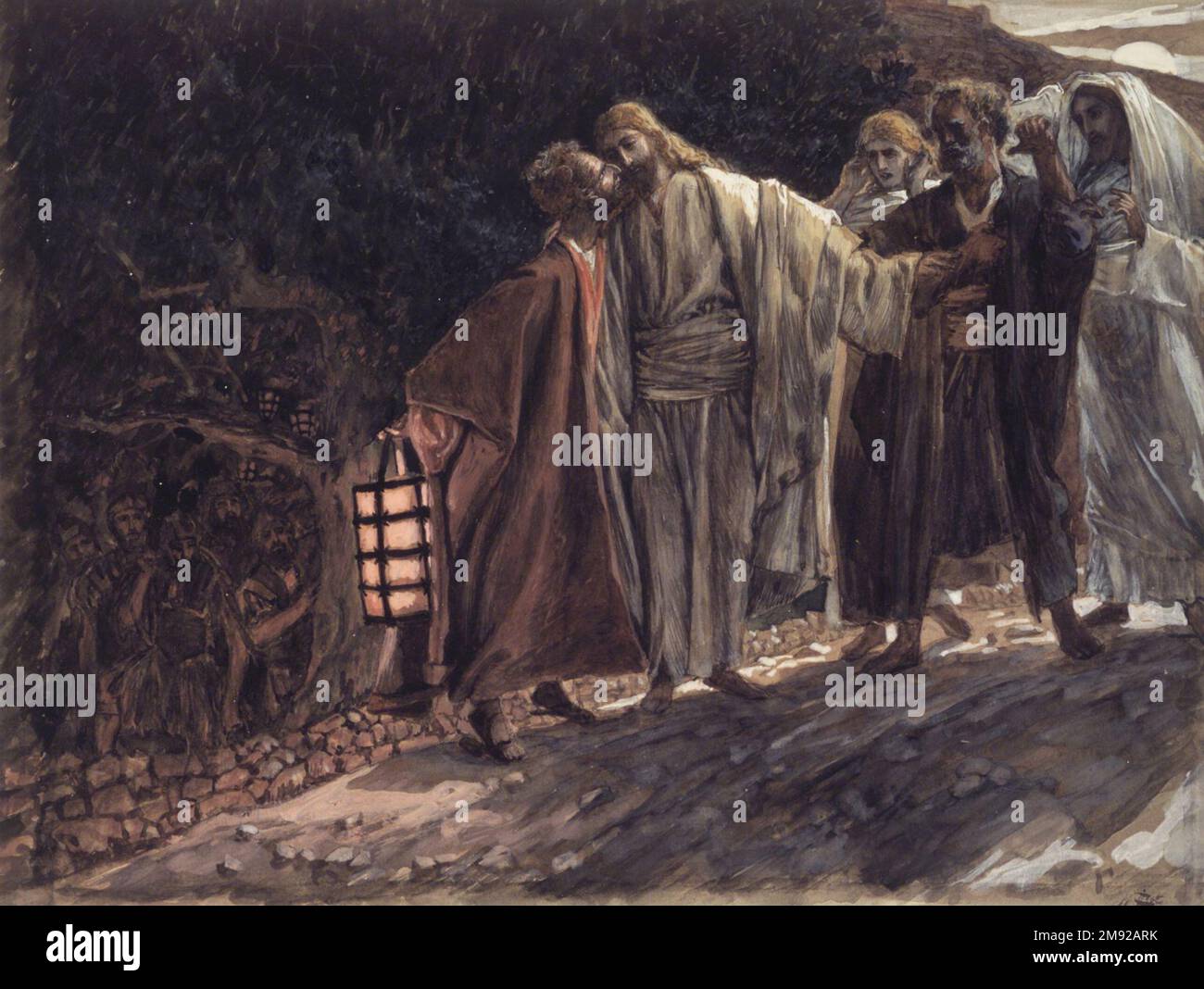 Der Kuss von Judas (Le Baiser de Judas) James Tissot (Französisch, 1836-1902). Der Kuss von Judas (Le Baiser de Judas), 1886-1894. Undurchsichtige Aquarelle über Graphit auf grauem gewebtem Papier, Bild: 8 1/16 x 10 11/16 Zoll (20,5 x 27,1 cm). Nachdem er Jesus verraten hat, leitet Judas eine Gruppe bewaffneter Wachen, die ihn verhaften wollen. Judas hat die Behörden gewarnt, dass er Jesus für sie identifizieren wird, indem er ihn küsst. Hier, auf Zehenspitzen stehend, greift Judas nach oben, um ihn zu küssen, eine intime Geste, die die Verbitterung des Verrats noch weiter unterstreicht. Europäische Art. 1886-1894 Stockfoto Der Kuss von Judas (Le Baiser de Judas) James Tissot (Französisch, 1836-1902). Der Kuss von Judas (Le Baiser de Judas), 1886-1894. Undurchsichtige Aquarelle über Graphit auf grauem gewebtem Papier, Bild: 8 1/16 x 10 11/16 Zoll (20,5 x 27,1 cm). Nachdem er Jesus verraten hat, leitet Judas eine Gruppe bewaffneter Wachen, die ihn verhaften wollen. Judas hat die Behörden gewarnt, dass er Jesus für sie identifizieren wird, indem er ihn küsst. Hier, auf Zehenspitzen stehend, greift Judas nach oben, um ihn zu küssen, eine intime Geste, die die Verbitterung des Verrats noch weiter unterstreicht. Europäische Art. 1886-1894 Stockfoto