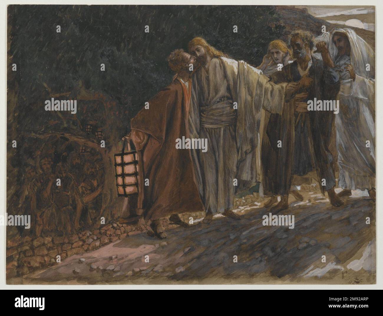 Der Kuss von Judas (Le Baiser de Judas) James Tissot (Französisch, 1836-1902). Der Kuss von Judas (Le Baiser de Judas), 1886-1894. Undurchsichtige Aquarelle über Graphit auf grauem gewebtem Papier, Bild: 8 1/16 x 10 11/16 Zoll (20,5 x 27,1 cm). Nachdem er Jesus verraten hat, leitet Judas eine Gruppe bewaffneter Wachen, die ihn verhaften wollen. Judas hat die Behörden gewarnt, dass er Jesus für sie identifizieren wird, indem er ihn küsst. Hier, auf Zehenspitzen stehend, greift Judas nach oben, um ihn zu küssen, eine intime Geste, die die Verbitterung des Verrats noch weiter unterstreicht. Europäische Art. 1886-1894 Stockfoto Der Kuss von Judas (Le Baiser de Judas) James Tissot (Französisch, 1836-1902). Der Kuss von Judas (Le Baiser de Judas), 1886-1894. Undurchsichtige Aquarelle über Graphit auf grauem gewebtem Papier, Bild: 8 1/16 x 10 11/16 Zoll (20,5 x 27,1 cm). Nachdem er Jesus verraten hat, leitet Judas eine Gruppe bewaffneter Wachen, die ihn verhaften wollen. Judas hat die Behörden gewarnt, dass er Jesus für sie identifizieren wird, indem er ihn küsst. Hier, auf Zehenspitzen stehend, greift Judas nach oben, um ihn zu küssen, eine intime Geste, die die Verbitterung des Verrats noch weiter unterstreicht. Europäische Art. 1886-1894 Stockfoto