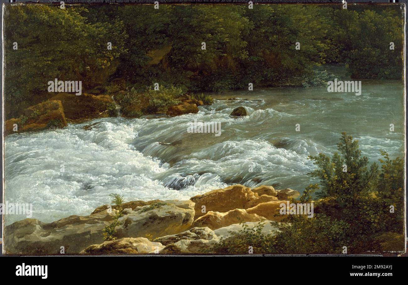 Running Stream in San Cosimato Jean-Joseph-Xavier Bidauld (Französisch, 1758-1846). Running Stream in San Cosimato, 1788. Öl auf Papier auf Leinwand, 12 1/4 x 19 5/8 Zoll (31,1 x 49,8 cm). Bidauld hat sich einen Platz unter den Pionieren der Open-Air-Malerei verdient, mit einem fünfjährigen Aufenthalt in den versteckten Ecken der italienischen Landschaft während der 1780er Jahre. Flüsse und Bäche boten die Gelegenheit, den Kontrast zwischen den rauen Felsen, die die Flussbetten säumen, und denen zu untersuchen, die von Jahrhunderten fließenden Gewässern glatt getragen wurden. Diese Motive stellten eine beliebte Herausforderung dar: Die konstante Bewegung von kraftvoll einzufangen Stockfoto