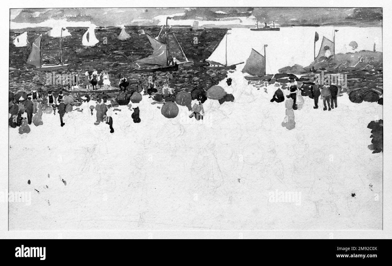 Strandszene mit Boats Maurice Brazil Prendergast (amerikanisch, 1858-1924). Strandszene mit Booten, ca. 1896-1897. Aquarell und Graphit auf gewebtem Papier, Blatt: 14 1/4 x 20 3/4 Zoll (36,2 x 52,7 cm). Während sich die anderen Mitglieder der Acht hauptsächlich auf New York City-Szenen konzentrierten, malte Prendergast oft die Badenden an den öffentlichen Stränden rund um sein Heimatland Boston. Diese Strandszene wurde auf halbem Weg verlassen, und Jahre später nutzte Prendergast die Rückseite für eine Szene mit fünf Tanzfiguren. Unvollendete Arbeiten wie dieses bieten eine ausgezeichnete Gelegenheit, die Technik dieses brillanten an zu studieren Stockfoto