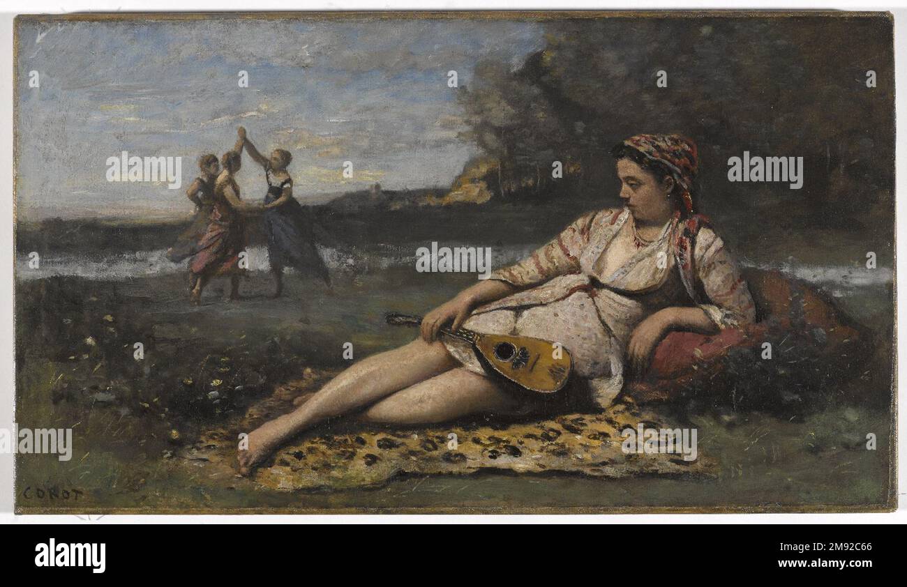 Junge Frauen von Sparta (Jeunes filles de Sparte) Jean-Baptiste-Camille Corot (Französisch, 1796-1875). Junge Frauen von Sparta (Jeunes filles de Sparte), 1868-1870. Öl auf Segeltuch, 16 3/4 x 29 7/16 Zoll (42,5 x 74,8 cm). Dieses Gemälde einer blassen, nachdenklichen jungen Frau in Kleidungsstücken, die vergangene Zeiten oder ferne Orte beschwören, ist ein Beispiel für die Praxis von Jean-Baptiste-Camille Corot als Figurmaler. Das Bild aus dem Jahr 42,196 zeigt, dass es sich um ein Bild handelt. Dieses Gemälde zeigt das Modell Mademoiselle Darmelas, das die traditionelle Kleidung der italienischen Stadt Albano trägt und schändlich in den Weltraum blickt. In der anderen, ein Lieblingsmodell, Emma Dobign Stockfoto