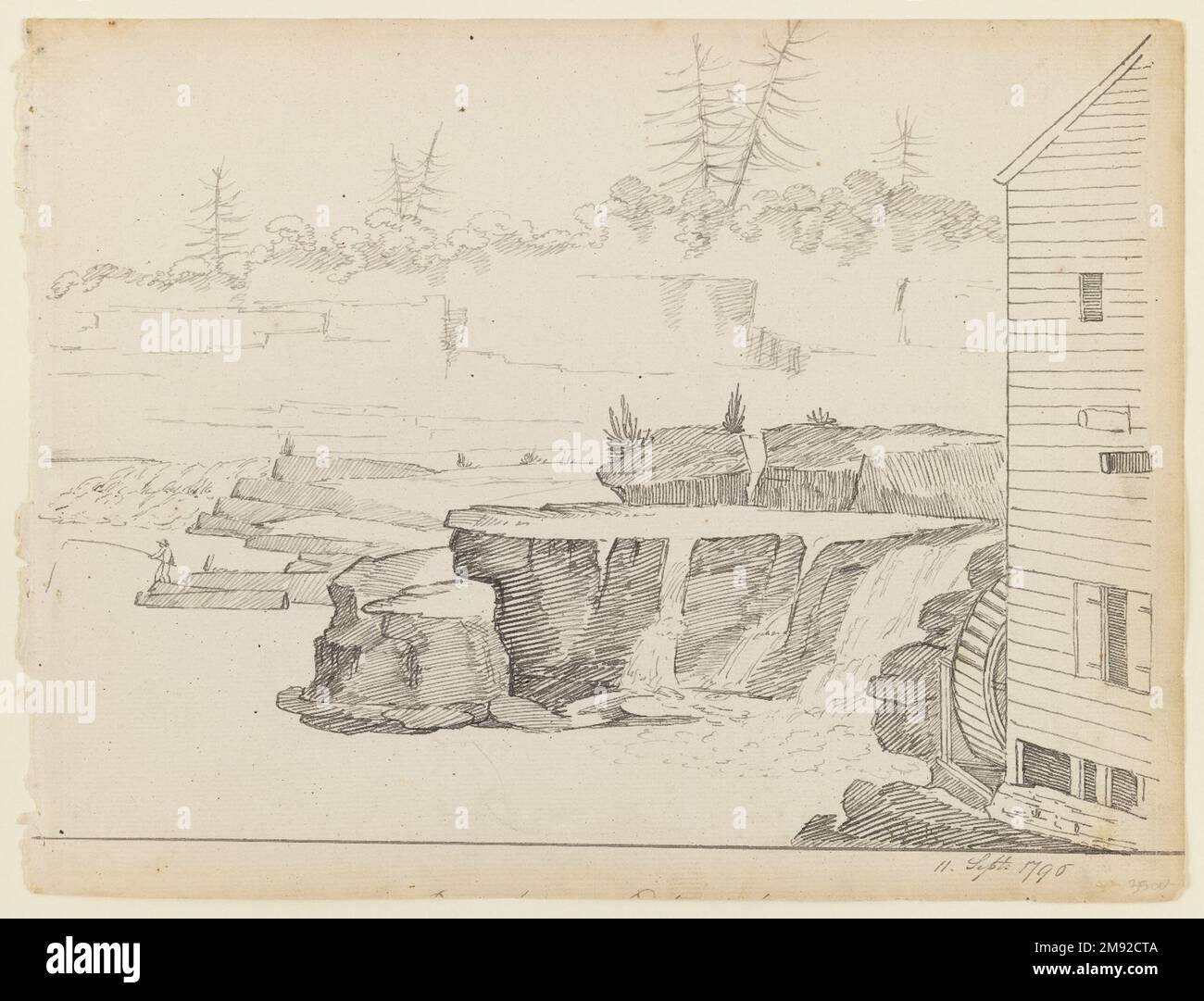 Aus dem Mill Alexander Robertson (Amerikaner, geboren in Schottland, 1772-1841). Aus der Mühle, 11. September 1796. Schwarze Tinte auf cremefarbenem, mäßig dickem, mäßig strukturiertem Laienpapier, Blatt: 8 3/4 x 11 1/2 cm (22,2 x 29,2 cm). In dieser Zeichnung verwendete Alexander Robertson eine stilisierte grafische Kurzbezeichnung, die von seinem Bruder Archibald entwickelt wurde, der das erste in den USA veröffentlichte Zeichenhandbuch, Elements of the Graphic Arts (1802), verfasste. Der Künstler gerenderte die Blätter mit Schleifen seines Stifts, schuf Schattierungen mit parallelen diagonalen Linien und verwendete hellere Konturen für Hintergrundmotive für Indi Stockfoto
