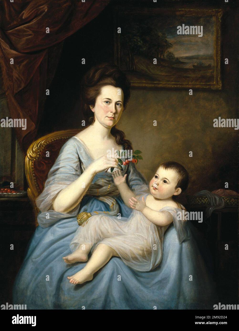 Frau David Forman und Kind Charles Willson Peale (amerikanisch, 1741-1827). Mrs. David Forman und Child, Ca. 1785. Öl auf Leinwand, 51 x 39 3/8 Zoll (129,5 x 100 cm). Die Frau eines reichen Offiziers der Kontinentalarmee und die Mutter von elf Kindern, Mrs. David Forman, wurde von Charles Willson Peale in einer Inneneinrichtung dargestellt, die die Eleganz und die Fülle ihres häuslichen Lebens verdeutlichen sollte. Sie sitzt auf einem Stuhl mit scrollierenden Acanthus-Blättern, die auf antike griechische und römische Dekoration hinweisen. Das Landschaftsgemälde hinter ihr signalisierte das kultivierte Leben des Forman-Haushalts und des ge Stockfoto