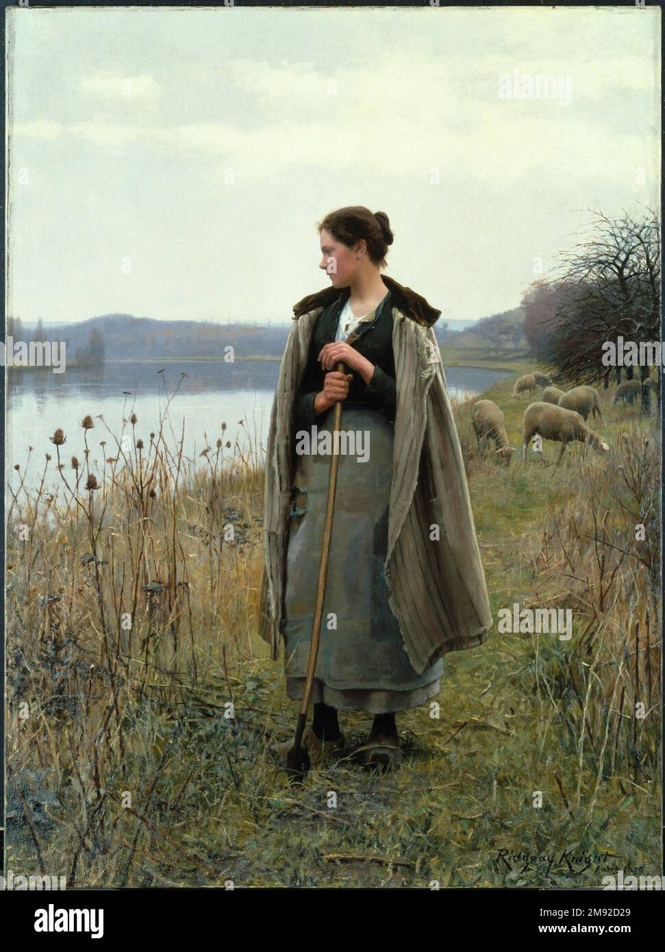 The Shepherdess of Rolleboise Daniel Ridgway Knight (amerikanisch, 1839-1924). Die Hirtin von Rolleboise, 1896. Öl auf Segeltuch, 68 x 50 1/2 Zoll (172,7 x 128,2 cm). In diesem würdevollen Bild einer französischen Hirtin herrscht eine traumhafte Stimmung. Die idyllische Kulisse bietet eine poetische Kulisse für ihre Jugend und Schönheit und schafft ein Bild, das die sozialen Realitäten des Bauernlebens auslöscht. Daniel Ridgway Knight, der in Philadelphia geboren wurde und Anfang der 1870er Jahre nach Frankreich auswanderte, war sich des Erfolgspotenzials dieses Gemäldes sehr wohl bewusst, als es 1896 im Pariser Salon zum Debüt kam; es kombinierte die Silberfarbe Stockfoto