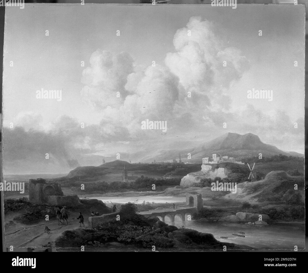 Landschaft nach Ruisdael Thomas Doughty (amerikanisch, 1793-1856). Landschaft nach Ruisdael, 1846. Öl auf Segeltuch, 32 1/16 x 39 5/16 Zoll (81,4 x 99,9 cm). Thomas Doughty war einer der ersten amerikanischen Künstler, der sich ausschließlich der Landschaftsmalerei widmete. Die Landschaft nach Ruisdael basiert auf einem Gemälde des niederländischen Künstlers Jacob van Ruisdael aus dem 17. Jahrhundert, das Doughty während eines Besuchs des Louvre in Paris kopiert hat. Das Kopieren spielte eine wichtige pädagogische Rolle für diesen selbst ausgebildeten Künstler. Seine frühere Hafenlandschaft bietet einen angenehmen, wenn auch formulierten blick auf einen ruhigen See, der von Bäumen umgeben ist Stockfoto