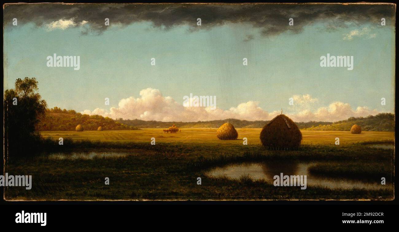 Sommerduschen Martin Johnson Heade (Amerikanische Küche, 1819-1904). Sommerduschen, ca. 1865-1870. Öl auf Segeltuch, Rahmen: 21 1/8 x 34 1/4 x 3 Zoll (53,7 x 87 x 7,6 cm). Obwohl Martin Johnson Heades Darstellungen von Sumpfgebieten an der Küste wenig topographisches Drama lieferten, nahmen seine kleinen Panoramabilder der Salzheu-Ernte von den 1860er bis 1880er Jahren verblüffende Licht- und Wettereffekte auf. Diese Szenen sind an allen vier Rändern blitzschnell zugeschnitten und verfügen nicht über einen traditionellen dramatischen Fokus, der sie von den damaligen Landschaftsbildern unterscheidet. Amerikanische Kunst ca. 1865-1870 Stockfoto