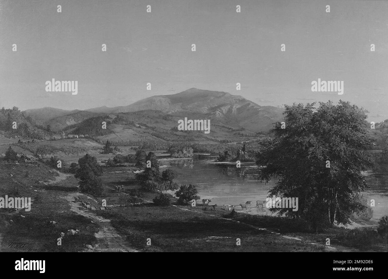 Welch Mountain aus West Campton, New Hampshire Winckworth Allan Gay (amerikanisch, 1821-1910). Welch Mountain aus West Campton, New Hampshire, 1858. Öl auf Segeltuch, 20 1/16 x 29 13/16 Zoll (51 x 75,7 cm). Im Sommer 1856 malte Gay auf seiner Reise durch die White Mountains mit Asher B. Durand und anderen Künstlern diese kleine Studie (unter 58,156), die zwei Jahre später zur Grundlage für das Gemälde (über 52,15) in seinem Studio in Boston wurde. Die breiten Pinselstriche und die Farben mit den hohen Tasten der Studie wurden in der fertigen Komposition subtiler. Gay hat auch den Aussichtspunkt etwas verschoben und Stockfoto