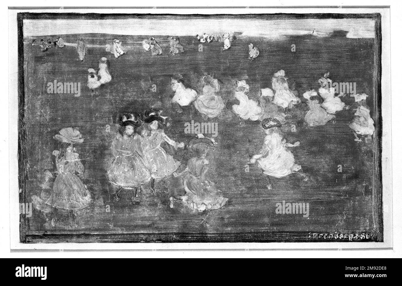 Kinder im Play Maurice Brazil Prendergast (amerikanisch, 1858-1924). Kinder bei Play, ca. 1895-1897. Monotyp mit farbigen Tinten auf gewebtem Papier, Blatt: 10 9/16 x 14 13/16 Zoll (26,8 x 37,6 cm). Die Druckherstellung von Prendergast beschränkte sich auf Monotypen. Die zwischen 1891 und 1902 hergestellten Drucke sind im Stil sehr ähnlich und unterliegen seinen Ölen und Aquarellen der gleichen Zeit, auch wenn sie oft mit weniger Details ausgeführt werden. Der Monotypprozess ähnelt in der Tat einem Bild auf Papier: Ein einzelner Eindruck entsteht aus einem Bild, das auf einer unbearbeiteten Druckplatte gezeichnet oder gemalt wird. Amerikanische Kunst ca. 1895-1897 Stockfoto