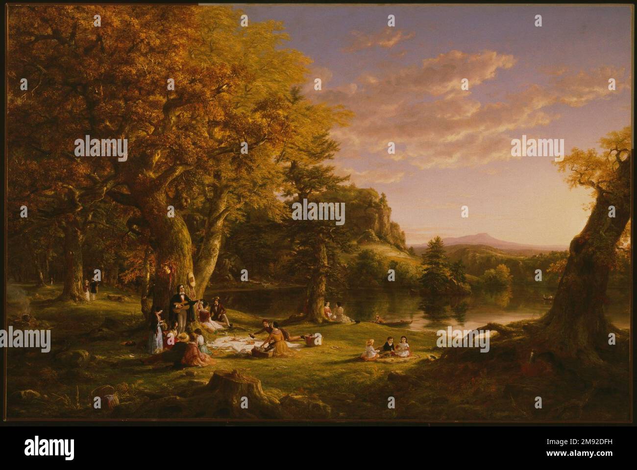 A Pic-Nic Party Thomas Cole (Amerikaner, geboren in England, 1801-1848). Eine Pic-Nic-Party, 1846. Öl auf Segeltuch, 47 7/8 x 54 Zoll (121,6 x 137,2 cm). Thomas Cole nahm dieses Gemälde im Herbst 1845 als Reaktion auf eine großzügige provision des wohlhabenden New Yorker Bankers und Philanthropen James Brown auf. Cole entschied sich für ein Picknick, um die ideale Koexistenz von Natur und Zivilisation zu beschreiben. Die Nachfrage nach Gemälden wie diesem, die Figur und Natur kombinieren, war zumindest teilweise das Ergebnis der zunehmenden Beliebtheit von Outdoor-Freizeitangeboten, einschließlich Ausflügen wie Picknicks. Stockfoto