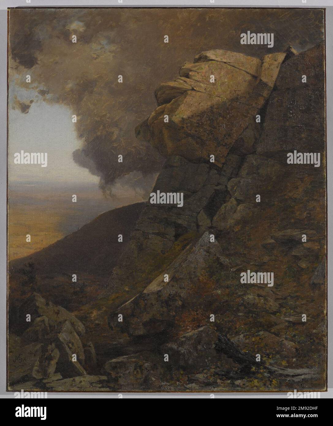 A Cliff im Katskills Jervis McEntee (amerikanisch, 1828-1891). Eine Klippe in den Katskills, ca. 1885. Öl auf Leinwand, 36 1/8 x 30 Zoll (91,7 x 76,2 cm). Jervis McEntee und Marsden Hartley waren zwar mehrere Generationen voneinander getrennt, verwendeten jedoch beide emotionale Stile, um persönliche Eindrücke von der Landschaft auszudrücken, anstatt getreue Abschriften der Natur. In A Cliff in the Katskills (links) hat McEntee ein bekanntes Naturdenkmal in den Catskill Mountains mit dickem Lacktuch erschaffen, in Abkehr von den fleißigen Details, die typisch für Landschaftsmalerei aus der Mitte des 19. Jahrhunderts sind. Das Drama von Stockfoto