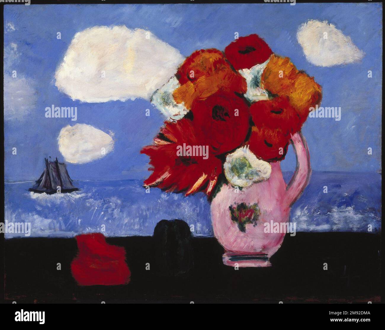 Summer Clouds and Flowers Marsden Hartley (amerikanisch, 1877-1943). Sommerwolken und Blumen, 1942. Öl auf vorgefertigter Leiterplatte, 22 x 28 Zoll (55,9 x 71,1 cm). Die Monate, die Hartley 1942 in Corea, Maine, verbrachte, waren außergewöhnlich produktiv, da er sich intensiv auf eine von seinem neuen Händler Paul Rosenberg organisierte ein-Personen-Ausstellung vorbereitete. Viele seiner Gemälde waren lebendige Blumenbewohner wie dieses, die höchstwahrscheinlich mit der Erwartung geschaffen wurden, dass sie besonders marktfähig sind. Amerikanische Kunst 1942 Stockfoto