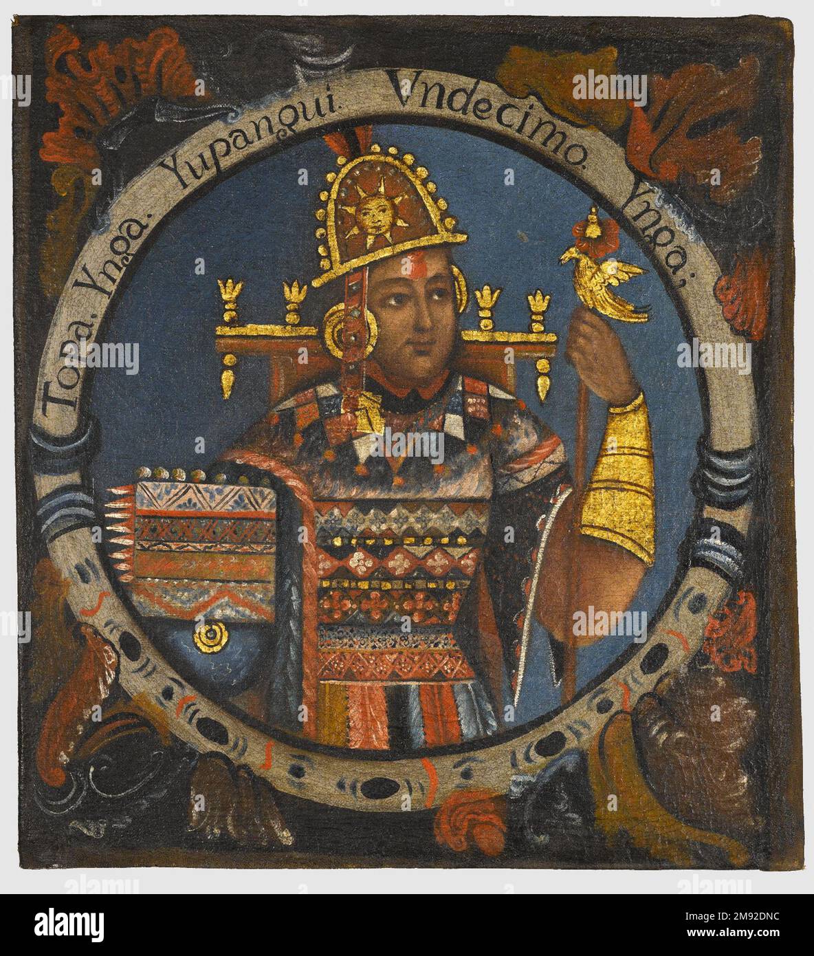 Tupac Yupanqui, Elfte Inka, 1 von 14 Porträts von Inka Kings Unknown. , Mitte des 18. Jahrhunderts (wahrscheinlich). Öl auf Segeltuch, 23 1/8 x 21 1/4in. (58,7 x 54cm). Der blaue Hintergrund dieser zwölf Porträts von Inka-Königen hätte mit einer Vielzahl von Pigmenten hergestellt werden können, die in der Viceroyalty von Peru im 18. Jahrhundert verfügbar waren: Preußischblau aus Deutschland, Indigo aus Amerika und Salt, Aus Europa importiert. In der Viceroyalty von Peru war die Wahl eines blauen Hintergrunds für diese Porträts strategisch und hob die Motive so auf wie Blau in europäischen Gemälden von Herrschern und Adligen Stockfoto