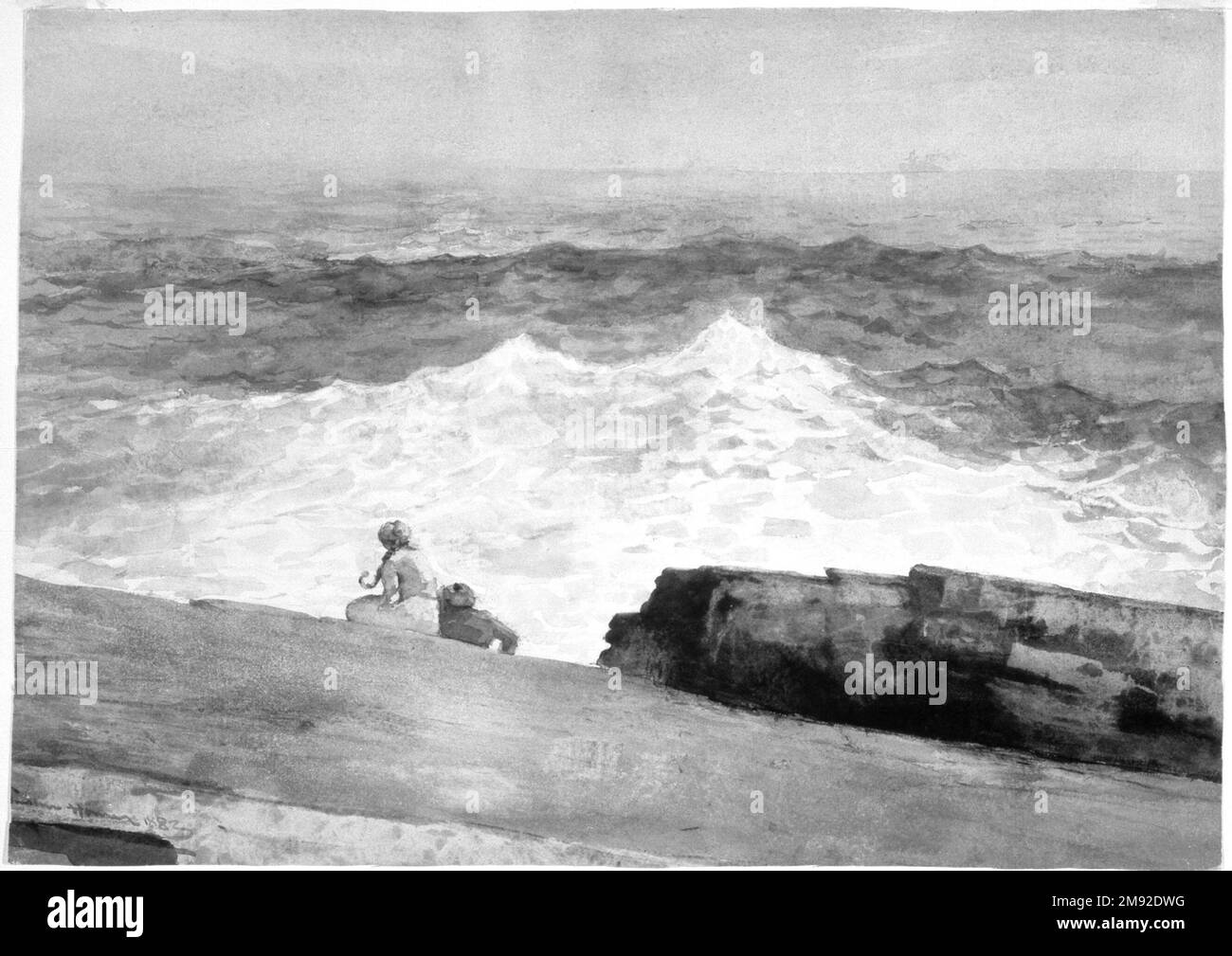 Der Northeaster Winslow Homer (Amerikanisch, 1836-1910). Der Nordosten, 1883. Aquarell über Graphit auf cremefarbenem gewebtem Papier, 14 1/8 x 19 3/4in. (35,9 x 50,2cm). Diese Komposition ist auf wirtschaftliche und doch ausdrucksstarke Elemente reduziert und zeigt Winslow Homers starken Sinn für Design, der während seiner frühen Karriere als Illustration verbessert wurde. (1875 kündigte er die Zeitschriftenarbeit, teilweise aufgrund der Einnahmen aus dem Verkauf von Watercolor.) Nachdem er sich 1883 auf der felsigen Halbinsel Prout's Neck vor der Küste von Maine niedergelassen hatte, beschäftigte er sich zunehmend mit den dynamischen Wechselwirkungen von Meer, Himmel und Wetterextremen Stockfoto