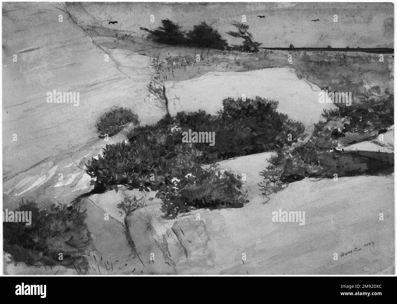 Maine Cliffs Winslow Homer (Amerikanisch, 1836-1910). Maine Cliffs, 1883. Aquarell über Holzkohle auf cremefarbenem, dickem, grob strukturiertem gewebtem Papier, 13 3/8 x 19 3/16in. (34 x 48,7cm). Winslow Homer unterstellte die menschliche Figur zunehmend der Landschaft in Werken, die er nach seinem Umzug in die Küstenstadt Prout's Neck, Maine, produziert hatte. In dieser Aquarelle gerenderte er die Felsblöcke als eine fast abstrakte Reihe sich schneidender Ebenen, hervorgehoben mit hellen Farbakzenten, darunter die roten Beeren in den Sträuchern und die blauen Streifen des Ozeans in der Ferne. Die hohe Horizontlinie und der abgewickelte Weltraum verraten Stockfoto