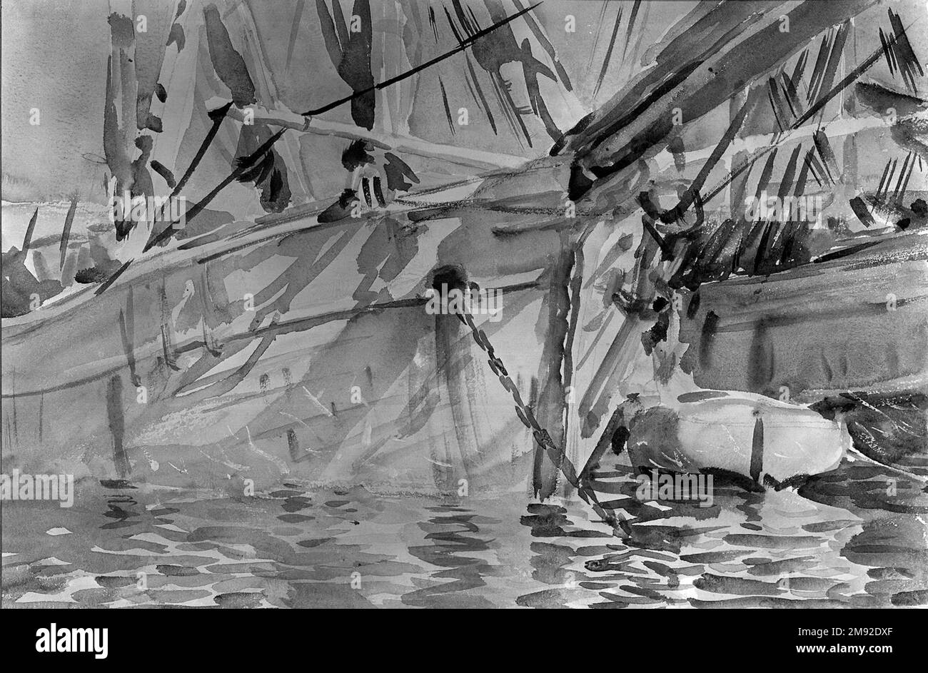 In einem Levantine Port John Singer Sargent (Amerikaner, geboren in Italien, 1856-1925). In einem Hafen von Levantine, ca. 1905-1906. Lichtdurchlässige Aquarelle und undurchsichtige Aquarelle mit Graphitunterzeichnung, 12 1/16 x 18 1/8 Zoll (30,6 x 46 cm). Im Einklang mit seiner Herangehensweise an Portobjekte bot Sargent keine Besonderheiten des Platzes in dieser Szene an, sondern widmete sich stattdessen den lebendigen Farben des reflektierten Lichts und wirft Schatten, die über die rostbefleckten weißen Hüllen und das Netzwerk aus Masten, Holmen und Halterungen spielen. Er scheint sich über die Transparenz des Aquarellmediums gefreut zu haben Stockfoto