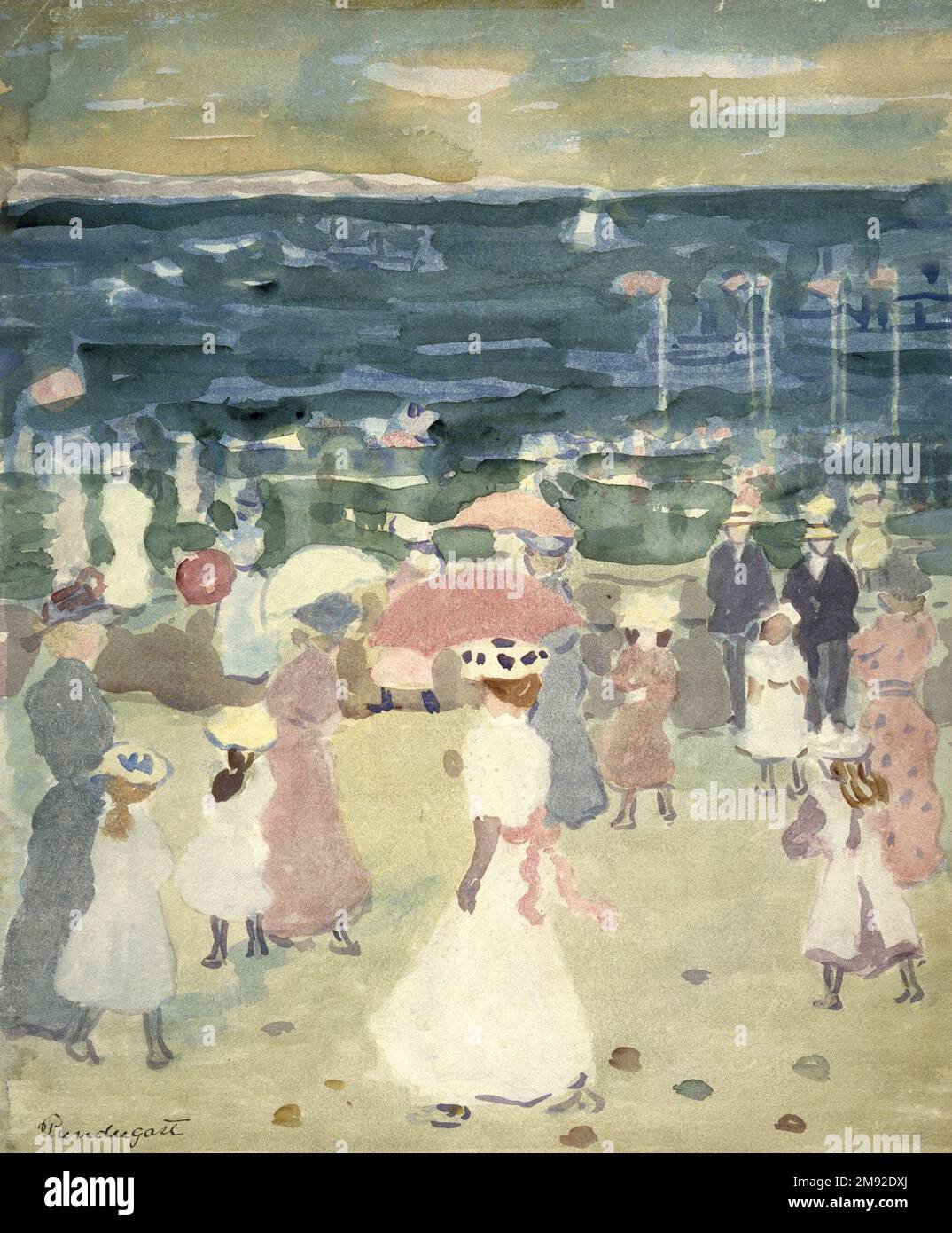 Sunday on the Beach Maurice Brazil Prendergast (amerikanisch, 1858-1924). Sonntag am Strand, ca. 1896-1898. Aquarell auf cremefarbenem, mäßig dickem, mäßig strukturiertem gewebtem Papier, 17 3/4 x 13 5/16 cm (45,1 x 33,8 cm). Maurice Prendergast war einer der ersten Amerikaner, der Aquarell in modernistischer Weise verwendet hat, wodurch Passagen unlackierten Papiers eine Rolle bei der Beschreibung der kurz beschriebenen Formen spielten. Prendergasts Stil und seine Fächer waren weitgehend von der französischen Post-Impressionistischen Kunst inspiriert, die er als Student in Paris Anfang der 1890er Jahre kennengelernt hatte. Sein bekanntestes Thema war der Modus Stockfoto