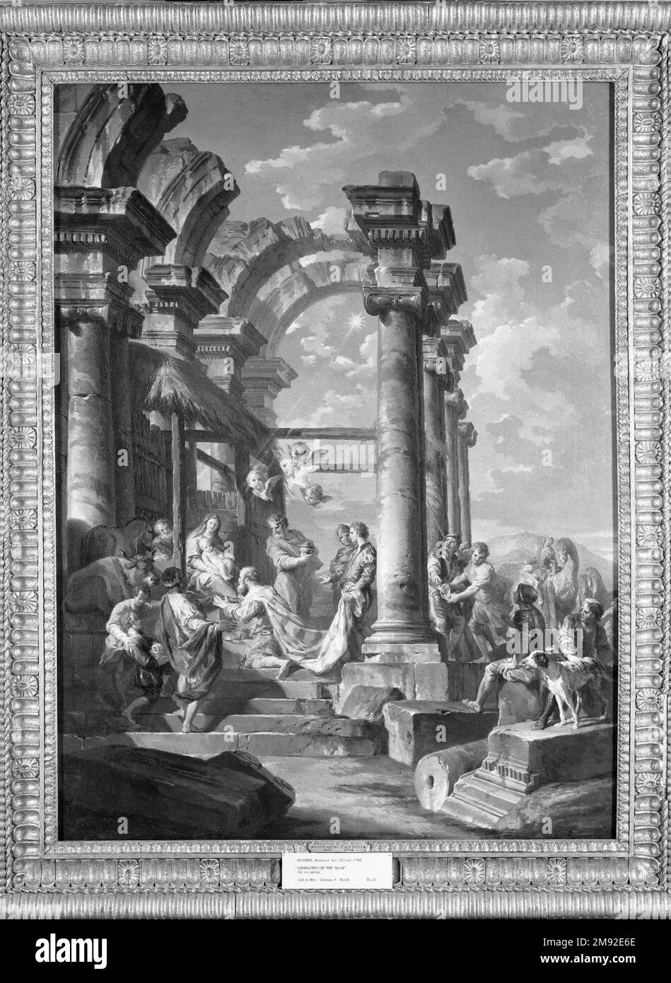 Verehrung der Magi Giovanni Paolo Panini (Italienisch, 1691-1765). Verehrung der Magi, Ca. 1755. Öl auf Leinwand, 39 x 29 Zoll (99,1 x 73,7 cm). Hänger stellten ein ideales Erzählungsgerät für Darstellungen der Bewunderung der Hirten und der Bewunderung der Magi dar. Maler, die begeistert waren, die bescheidenen Hirten, bescheiden verkleidet in einfachen Wollsteinen, mit den Königen der Welt, in Seidenpracht und mit extravaganten Geschenken nebeneinander zu stellen. Trotz dieser Unterschiede sind die Pilger in ihrer Ehrfurcht vor dem neugeborenen Christus vereint. Panini beruft sich auf eine lange Tradition, indem er den mang platziert Stockfoto