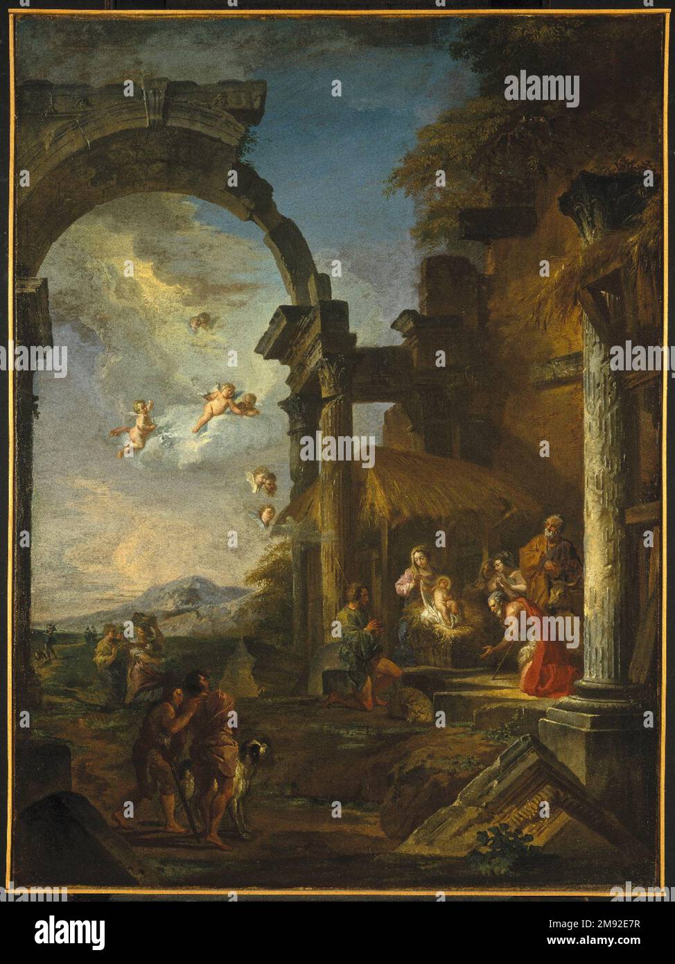 Verehrung der Hirten Giovanni Paolo Panini (Italienisch, 1691-1765). Die Verehrung der Hirten, Ca. 1755. Öl auf Leinwand, 38 x 28 7/8 Zoll (96,5 x 73,3cm). Hänger stellten ein ideales Erzählungsgerät für Darstellungen der Bewunderung der Hirten und der Bewunderung der Magi dar. Maler, die begeistert waren, die bescheidenen Hirten, bescheiden verkleidet in einfachen Wollsteinen, mit den Königen der Welt, in Seidenpracht und mit extravaganten Geschenken nebeneinander zu stellen. Trotz dieser Unterschiede sind die Pilger in ihrer Ehrfurcht vor dem neugeborenen Christus vereint. Panini beruft sich auf eine langjährige Tradition der pla Stockfoto