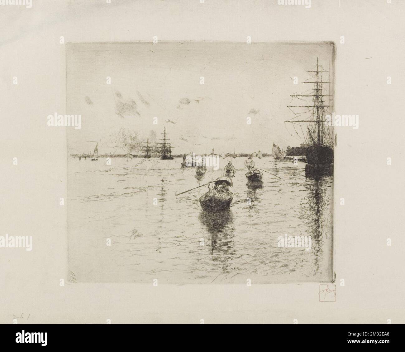 Laguna mit Steamers und Gondolas Robert Frederick Blum (amerikanisch, 1857-1903). Laguna mit Dampfern und Gondeln, 1885. Ätzen von schwarzer Tinte auf cremefarbenem, mitteldickem, leicht strukturiertem gewebtem japanischem Papier, Blatt: 10 5/16 x 15 3/8 cm (26,2 x 39,1 cm). Obwohl Robert Blum seit seiner Jugend an japanischer Kunst interessiert war, entwickelte er im Sommer 1880 ein ausgeklügelteres Verständnis für seine Ästhetik durch seinen engen Kontakt mit James McNeill Whistler in Venedig, dem Schauplatz dieses Werks. Von Whistler lernte er, Kompositionsspannungen zwischen leeren Bereichen und Motiven zu erzeugen Stockfoto