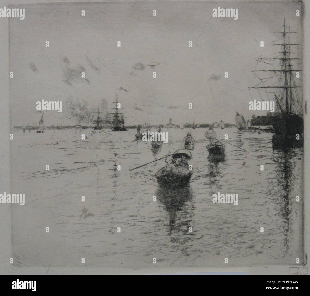 Laguna mit Steamers und Gondolas Robert Frederick Blum (amerikanisch, 1857-1903). Laguna mit Dampfern und Gondeln, 1885. Ätzen von schwarzer Tinte auf cremefarbenem, mitteldickem, leicht strukturiertem gewebtem japanischem Papier, Blatt: 10 5/16 x 15 3/8 cm (26,2 x 39,1 cm). Obwohl Robert Blum seit seiner Jugend an japanischer Kunst interessiert war, entwickelte er im Sommer 1880 ein ausgeklügelteres Verständnis für seine Ästhetik durch seinen engen Kontakt mit James McNeill Whistler in Venedig, dem Schauplatz dieses Werks. Von Whistler lernte er, Kompositionsspannungen zwischen leeren Bereichen und Motiven zu erzeugen Stockfoto