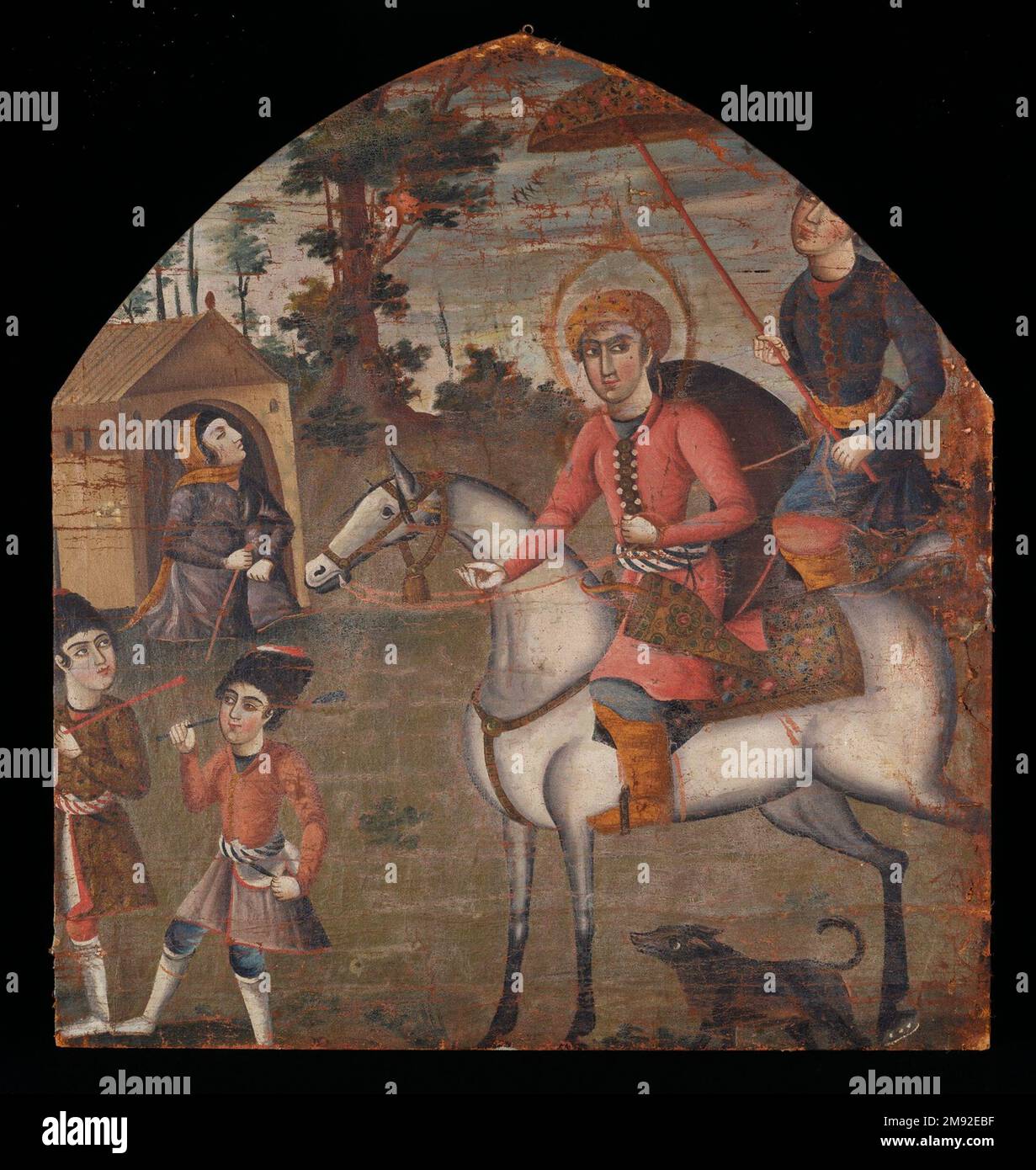 Sultan Sanjar und die Alte Frau, Mitte des 18. Jahrhunderts. Öl auf Segeltuch, 36 x 35 Zoll (91,4 x 88,9 cm). Die lyrischen Gemälde dieses poetischen Zyklus zeigen Liebesgeschichten aus klassischen Werken gefeierter iranischer Dichter, biblische und koranische Episoden und Jagdvignetten. Zusammen stellen sie wertvolle Dokumente der ursprünglichen architektonischen Formate und Erzählprogramme der Innenräume des 18. Jahrhunderts dar. Die nachfolgende Rekonstruktion veranschaulicht, wie dieser Malzyklus in seinem ursprünglichen Kontext dargestellt worden wäre, der eine Residenz oder ein Vergnügungs- oder Jagdpavillon Bu gewesen wäre Stockfoto