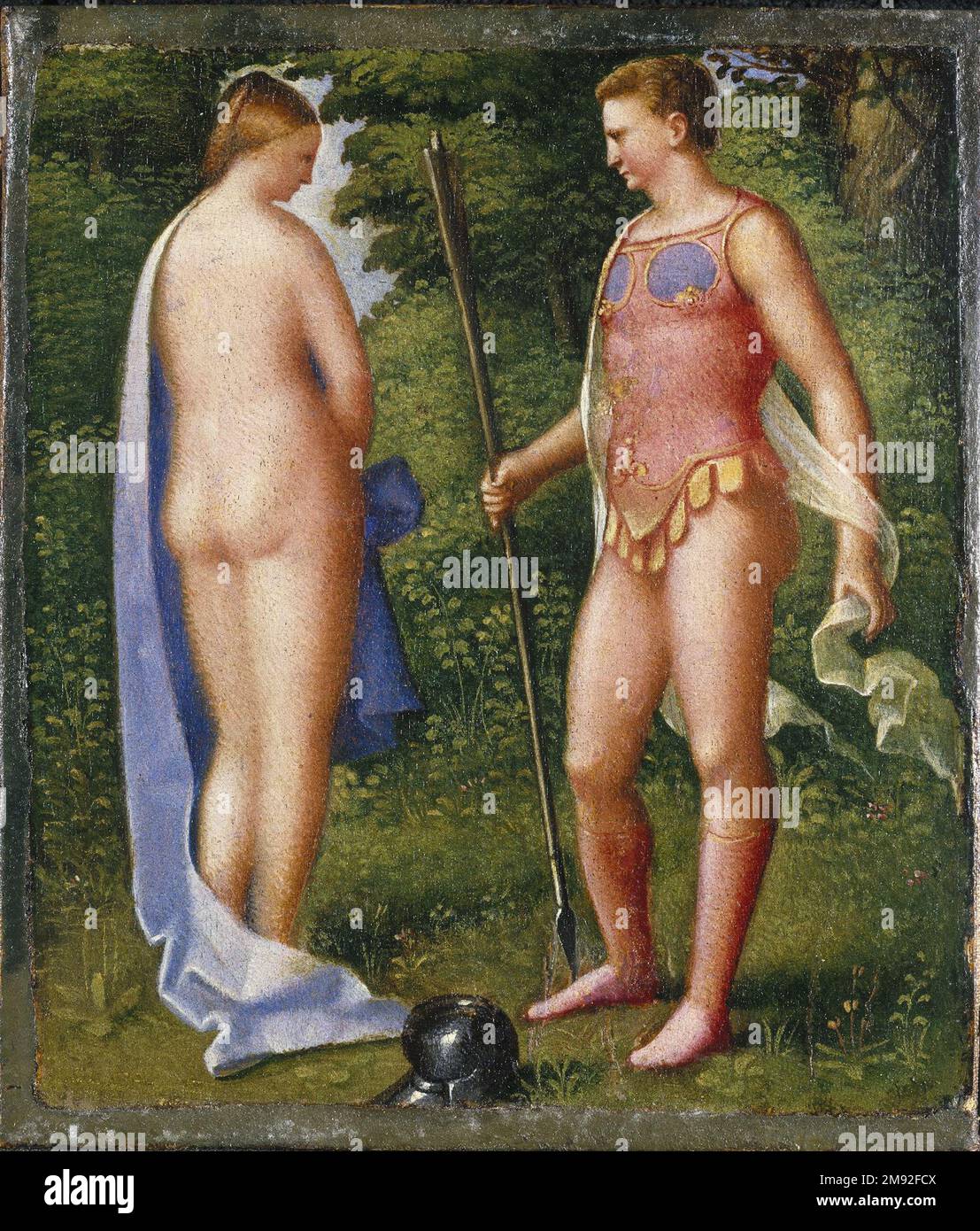 Venus und Mars, die Giulio Campagnola (Italienisch, Venezianisch, Ca. 1482-ca. L 331 vom 15.12.2010 1516 Venus und Mars. Öl auf Papier auf Leinwand, 7 1/2 x 6 1/2 Zoll (19,1 x 16,5 cm). Während der Renaissance war die Jungfrau nicht die einzige Figur, die in blauen Roben abgebildet war. In diesem Gemälde ist die Göttin Venus blau eingerahmt, aber hier ist die Farbe nicht spirituell, sondern eher weltlich. Das hellblaue signalisierte den Luxus eines teuren Pigments sowie die Fleischigkeit und Sinnlichkeit der teilweise drapierten Göttin. Europäische Kunst Stockfoto