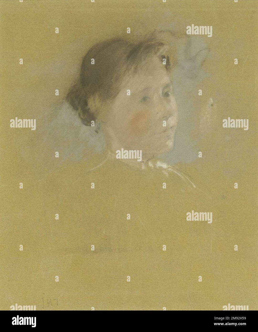 Untersuchung eines Chefs John Henry Twachtman (Amerikaner, 1853-1902). , Ca. 1888-1895. Pastellfarben mit Grafitelementen auf handelsüblicher Pappe, 14 7/8 x 15 3/8 cm (37,8 x 39,1 cm). Wie Thomas Wilmer Dewing fand auch John Henry Twachtman Pastell als Medium, das seiner eigenen Vorliebe für subtil anzügliche statt fest definierte Formen sympathisch gegenübersteht. Hier führte er einige zurückhaltende Passagen mit Bleistiftumrissen an und beschrieb den Kopf seines Modells anhand von Bereichen mit fein gemischten Tönen und wirtschaftlich berührten Highlights. Amerikanische Kunst ca. 1888-1895 Stockfoto