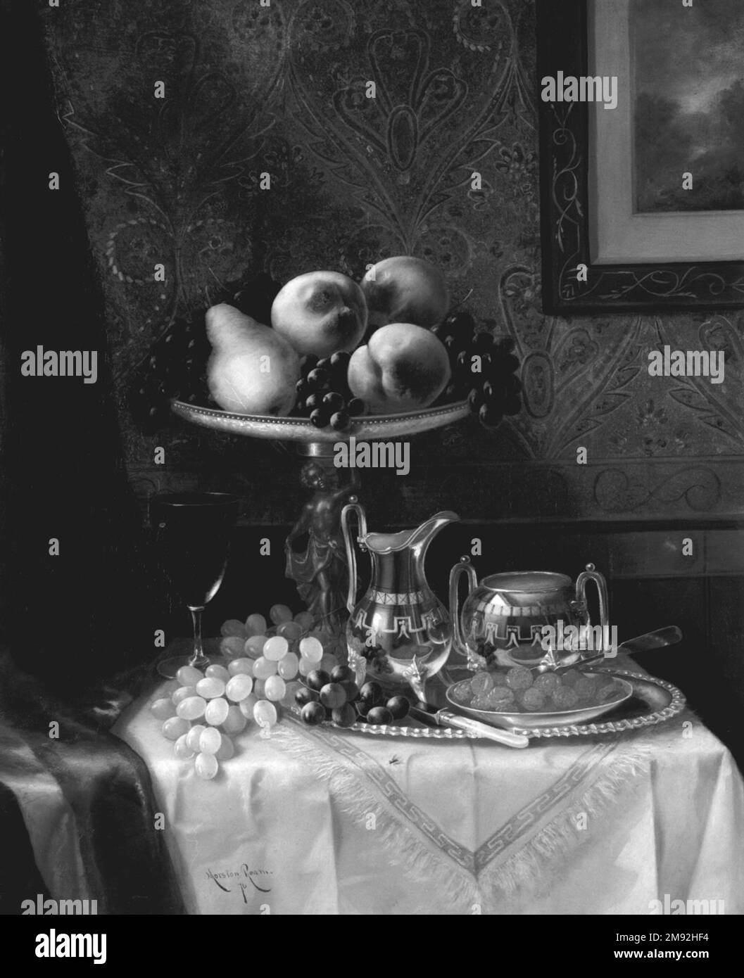 Still Life Morston Constantine Ram (Amerikanisch, 1840-1898). , 1876. Öl auf Segeltuch, 32 1/16 x 25 7/8 Zoll (81,4 x 65,8 cm). Dieses kunstvoll zusammengestellte Stilleben eines Desserttisches erinnert an das Material und die ästhetische Opulenz des Essens in einem gut zubereiteten viktorianischen Haus - die Art von Umgebung, in der das darunter ausgestellte Besteck auch aufgetaucht wäre. Interessanterweise ähneln der silberne Krug und die Zuckerschale mit griechischen Motiven Objekten, die von der Reed & Barton Company zur Zeit des Morston Reams Gemäldes produziert wurden. Amerikanische Kunst 1876 Stockfoto