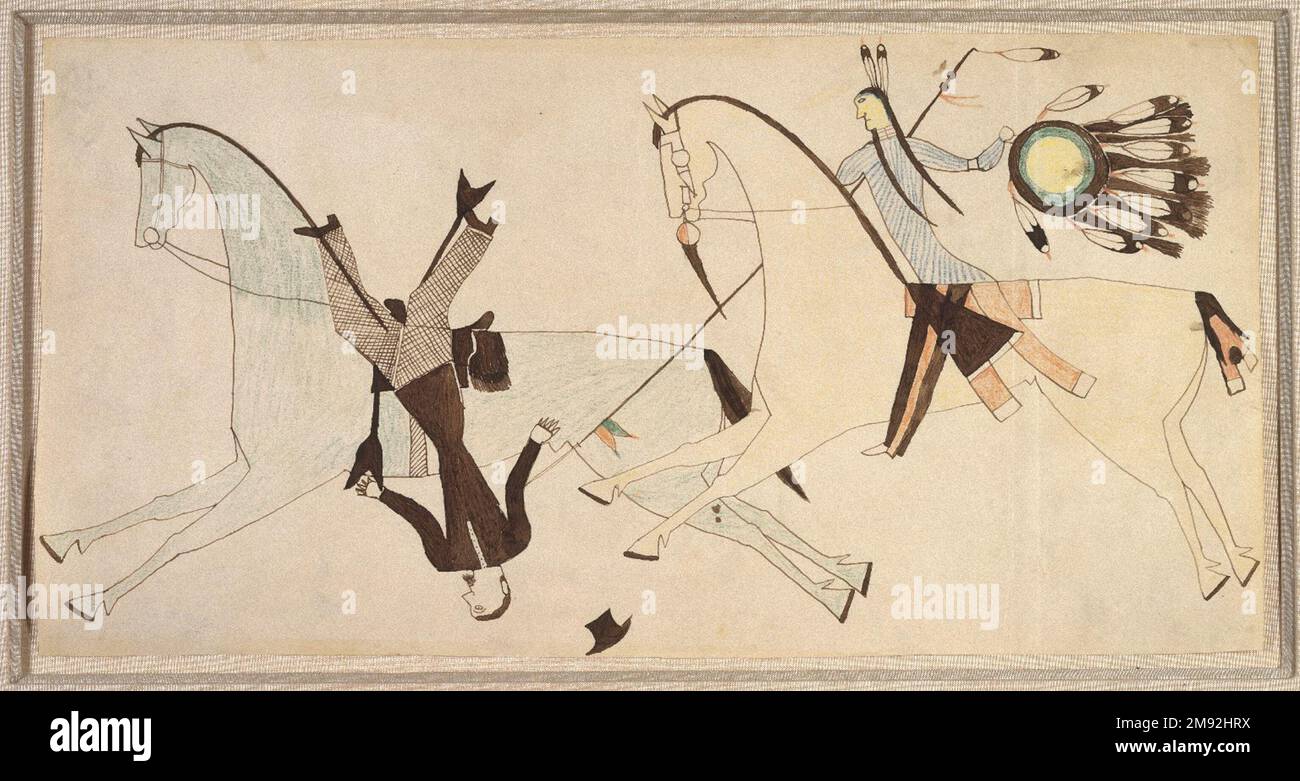 Buchzeichnung Wahrscheinlich Cheyenne. , Ca. 1890" Tinte, Buntstift, Papier, 6 7/8 x 13 3/4 Zoll Die Indianerkriege wurden als Gold und Land dargestellt, die nicht-indianische Siedler nach Westen lockten. Die Indianer kämpften in heftigen Kämpfen mit den USA für ihre Heimat Armee, wie hier abgebildet. Regierungspogrome versuchten, die einheimischen Völker auszulöschen, indem sie bewusst Krankheiten verbreiteten und die lebenserhaltenden Büffel und einheimischen Schafe töteten. Einheimische Krieger, die in den 1800er Jahren ihre Schlachten traditionell auf Häuserhemden und Tipi-Trägern dargestellt hatten, wählten gemeinsam Bücher von Regierungsagenten, um ihren Kriegserfolger zu zeichnen Stockfoto