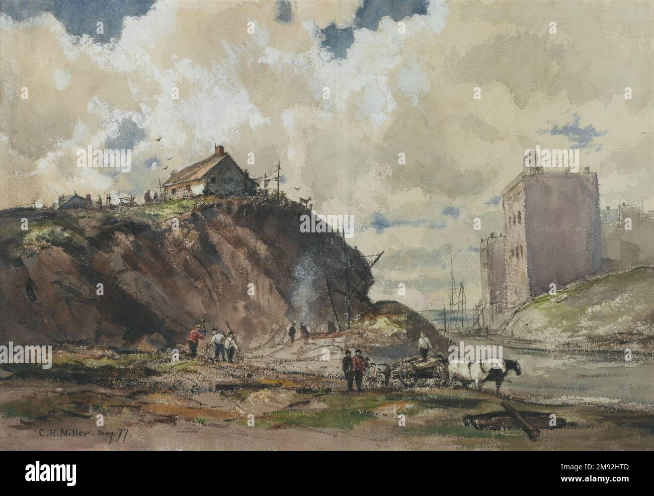 The Way the City is Built Charles Henry Miller (amerikanisch, 1842-1922). , 1877. Aquarell mit Unterstrich aus Graphitstift auf mäßig strukturiertem, mäßig dickem, cremefarbenem, gewebtem Papier (kaltgepresstes, wasserfarbenes Papier), 12 7/8 x 18 1/2 cm (32,7 x 47 cm). Charles Miller hatte ein Interesse an den historischen Gebäuden und Wahrzeichen, die in ganz New York und Long Island schnell verschwanden. Diese Szene in Harlem repräsentiert die moderne städtische Landschaft im Wandel: Ein Hügel, auf dem ein altes Cottage steht, wird für den Bau von mehrstöckigen Wohnungen wie denen in abgerissen Stockfoto